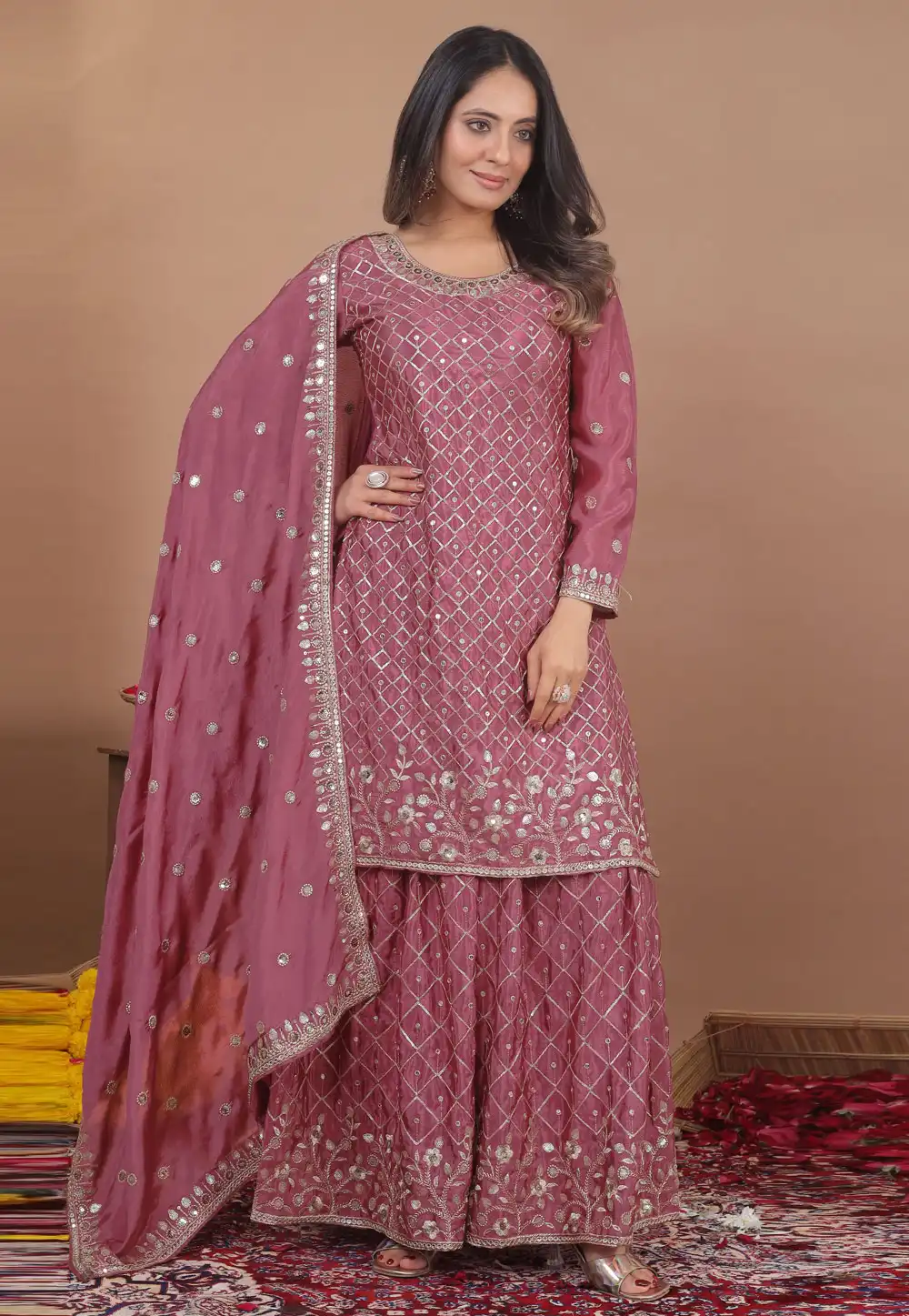 Pink Chinon Readymade Palazzo Suit 327139
