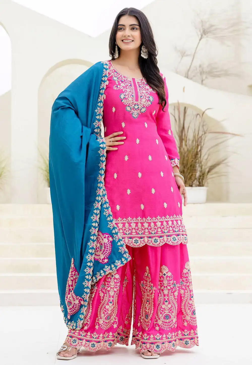 Pink Chinon Readymade Palazzo Suit 314951