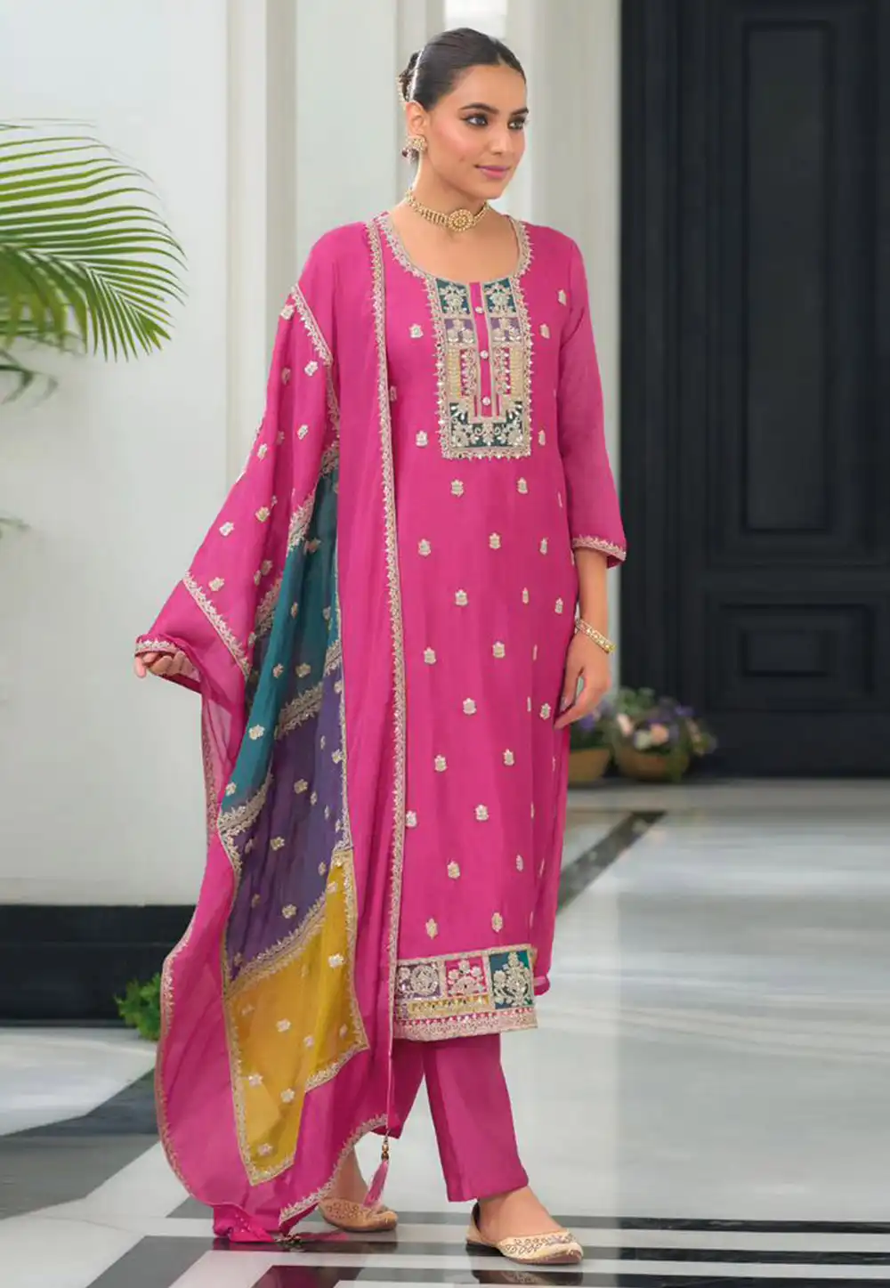 Pink Chinon Readymade Pant Style Suit 318272