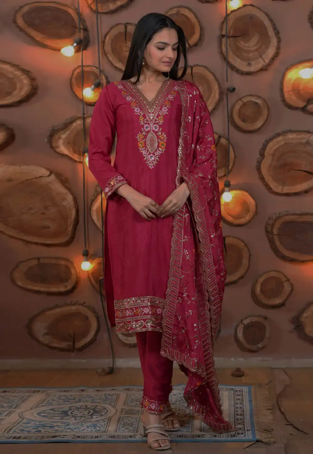 Pink Chinon Readymade Pant Style Suit 318983