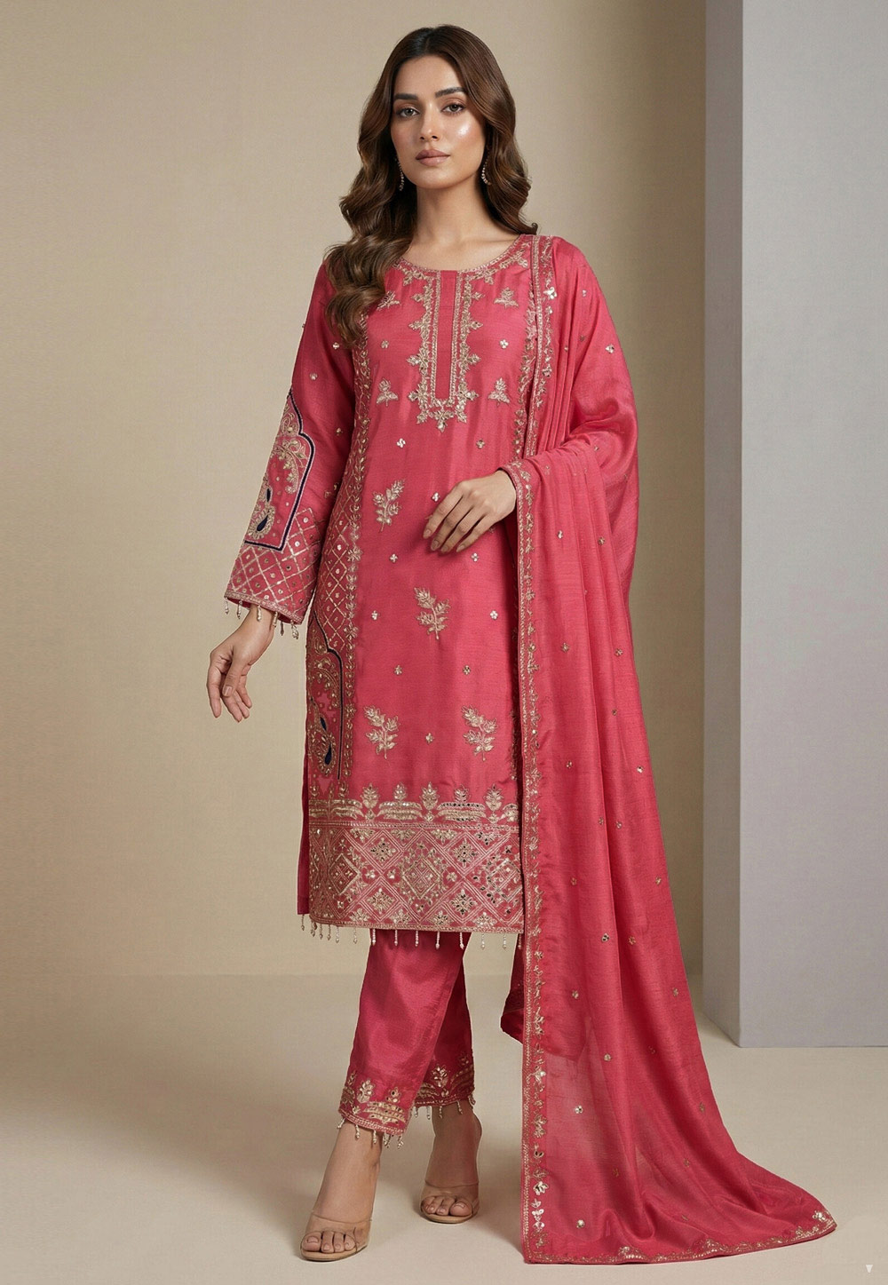 Pink Chinon Readymade Pant Style Suit 323869