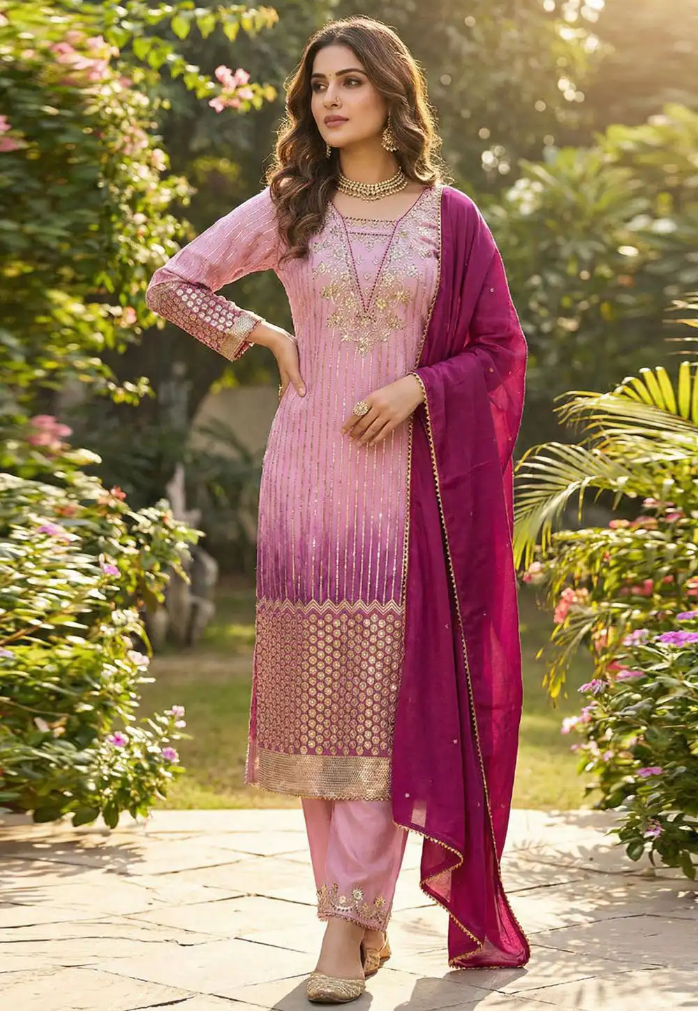 Pink Chinon Readymade Pant Style Suit 326612