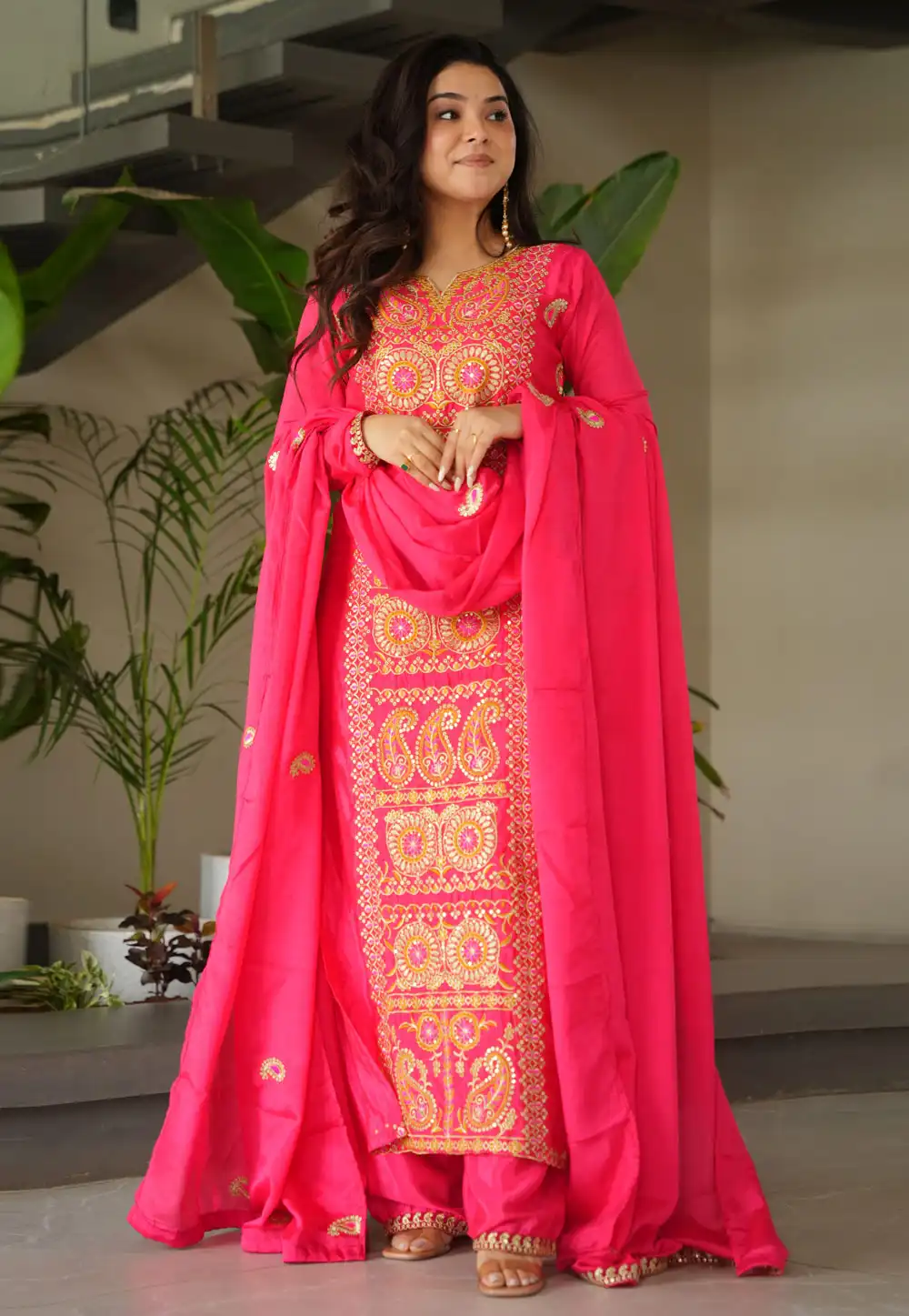 Pink Chinon Readymade Pant Style Suit 323099
