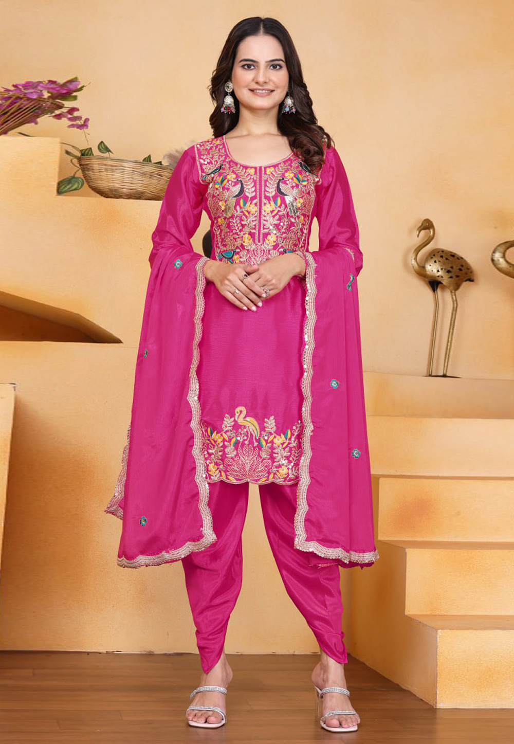 Pink Chinon Readymade Punjabi Suit 318291
