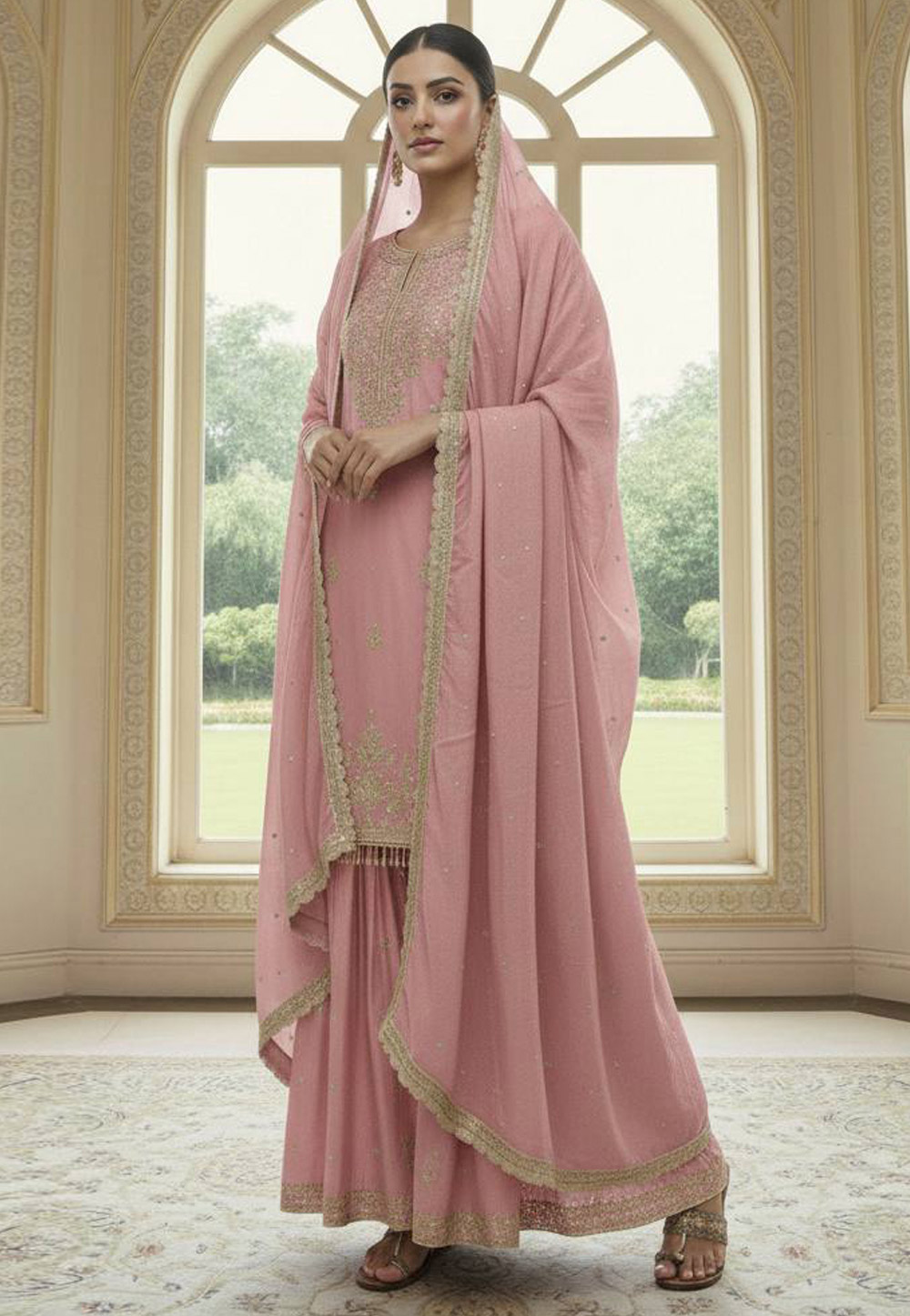 Pink Chinon Readymade Sharara Suit 324854