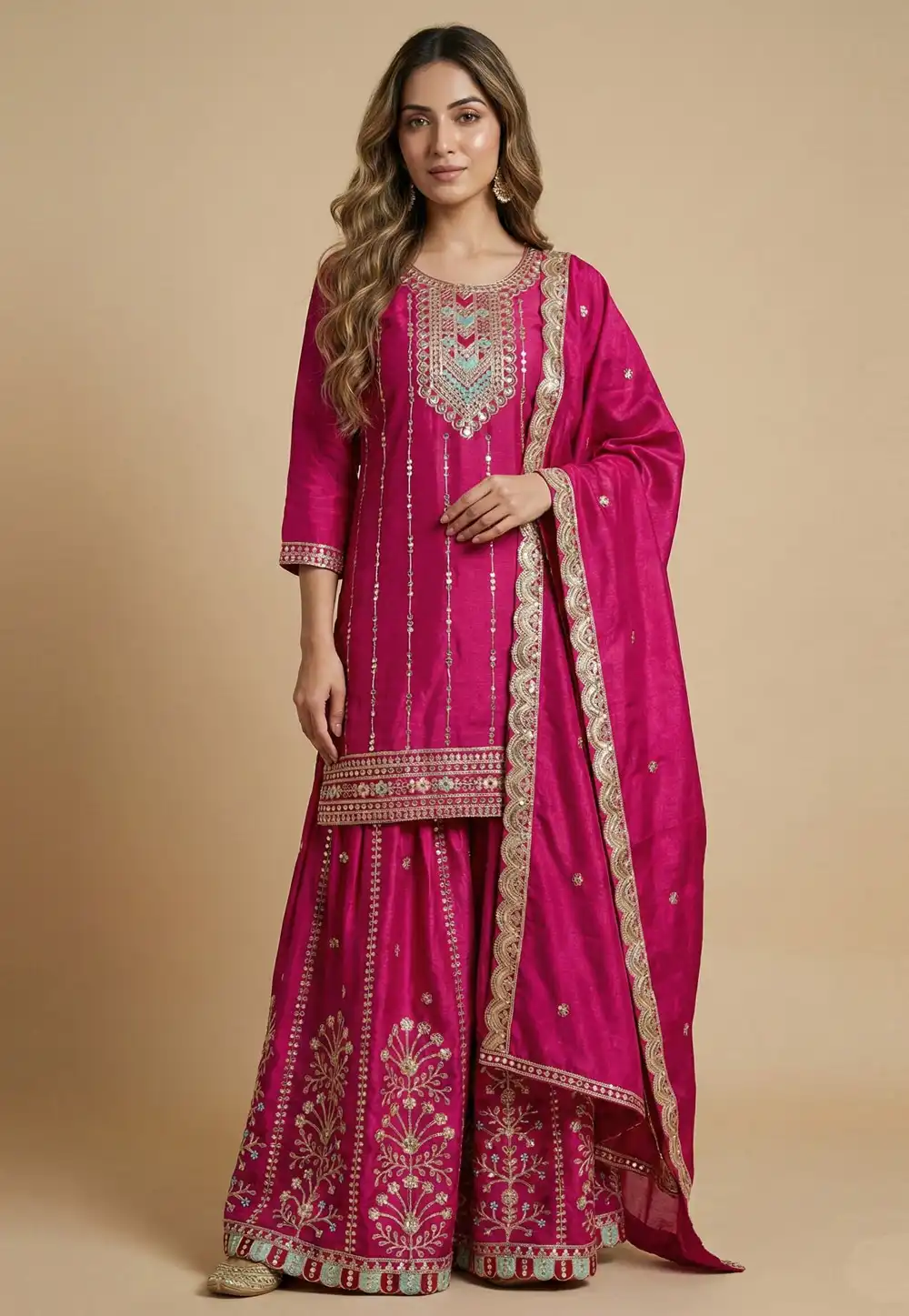 Pink Chinon Readymade Sharara Suit 323852