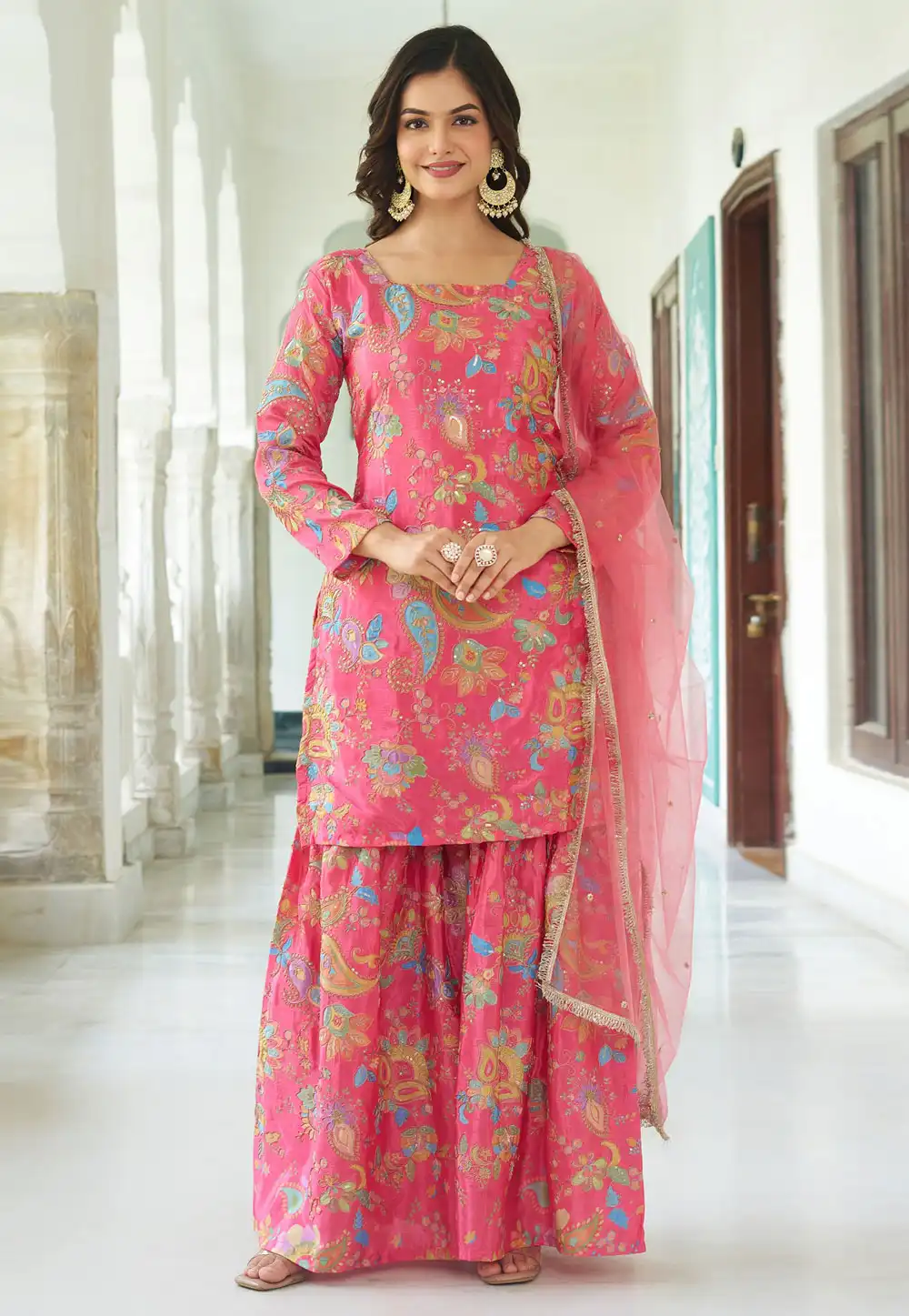 Pink Chinon Readymade Sharara Suit 322244