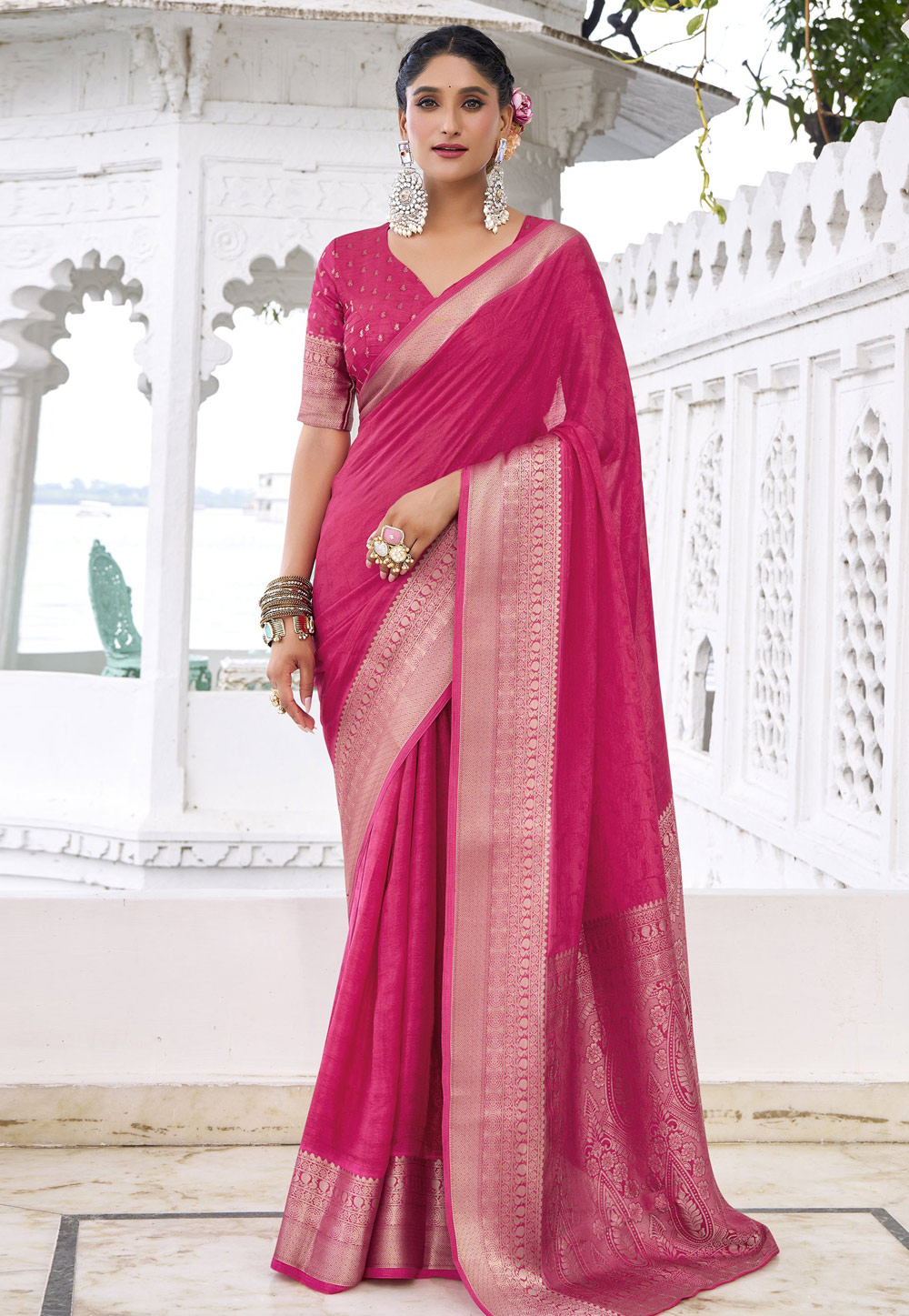 Pink Chinon Saree With Blouse 321507