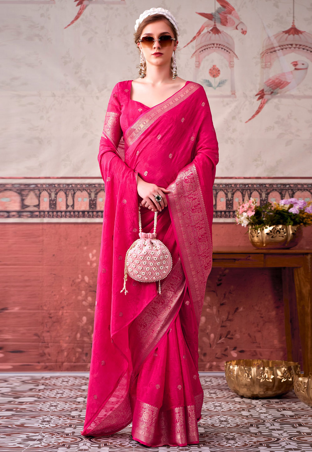 Pink Chinon Saree With Blouse 329486