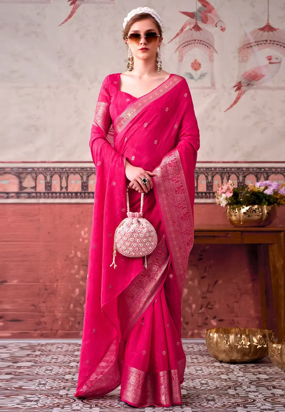 Pink Chinon Saree With Blouse 329486