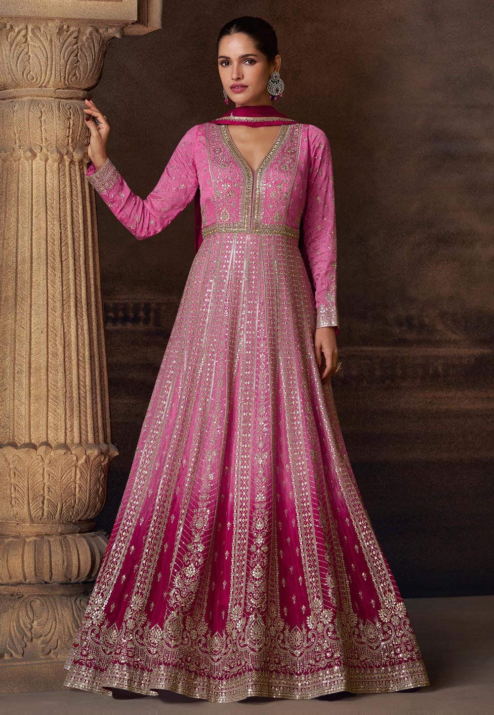 Pink Chinon Silk Embroidered Floor Length Anarkali Suit 306217