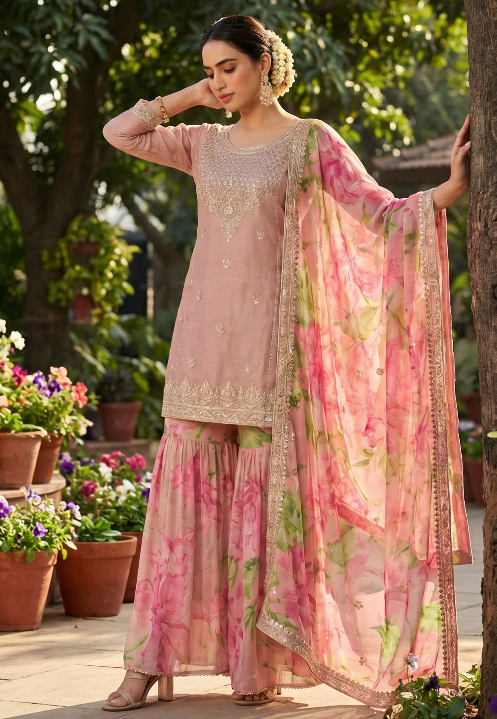 Pink Chinon Silk Gharara Suit 327698