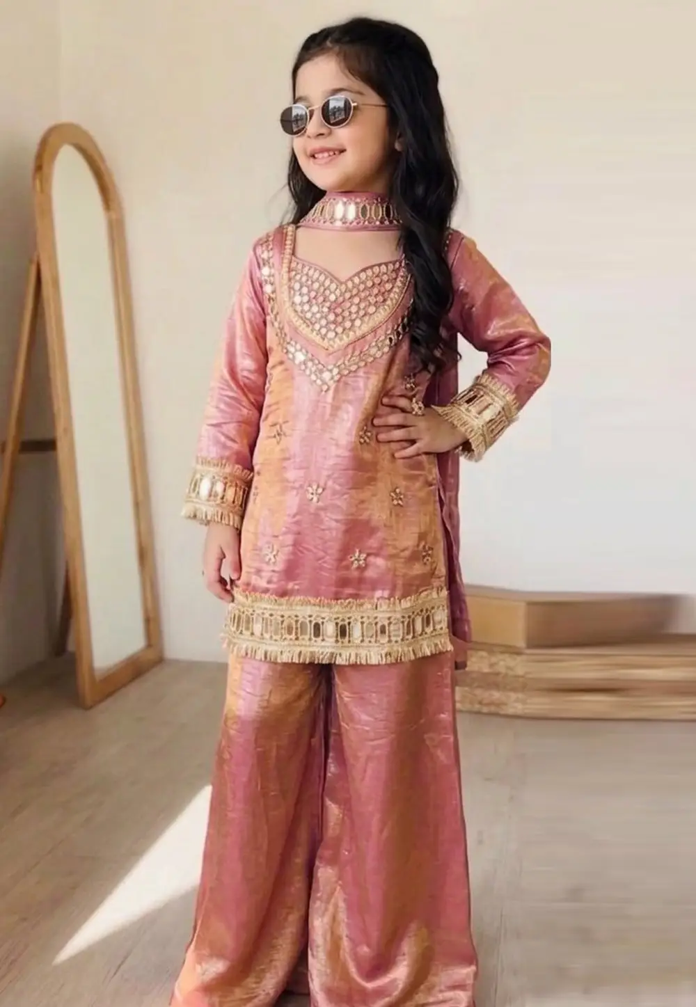 Pink Chinon Silk Girls Palazzo Suit 335690