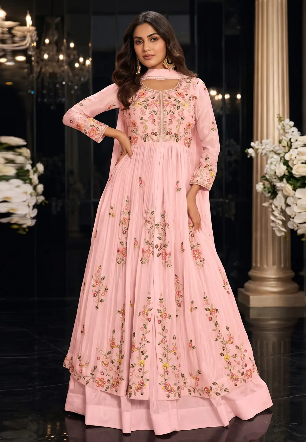 Pink Chinon Silk Indo Western Lehenga Choli 333973