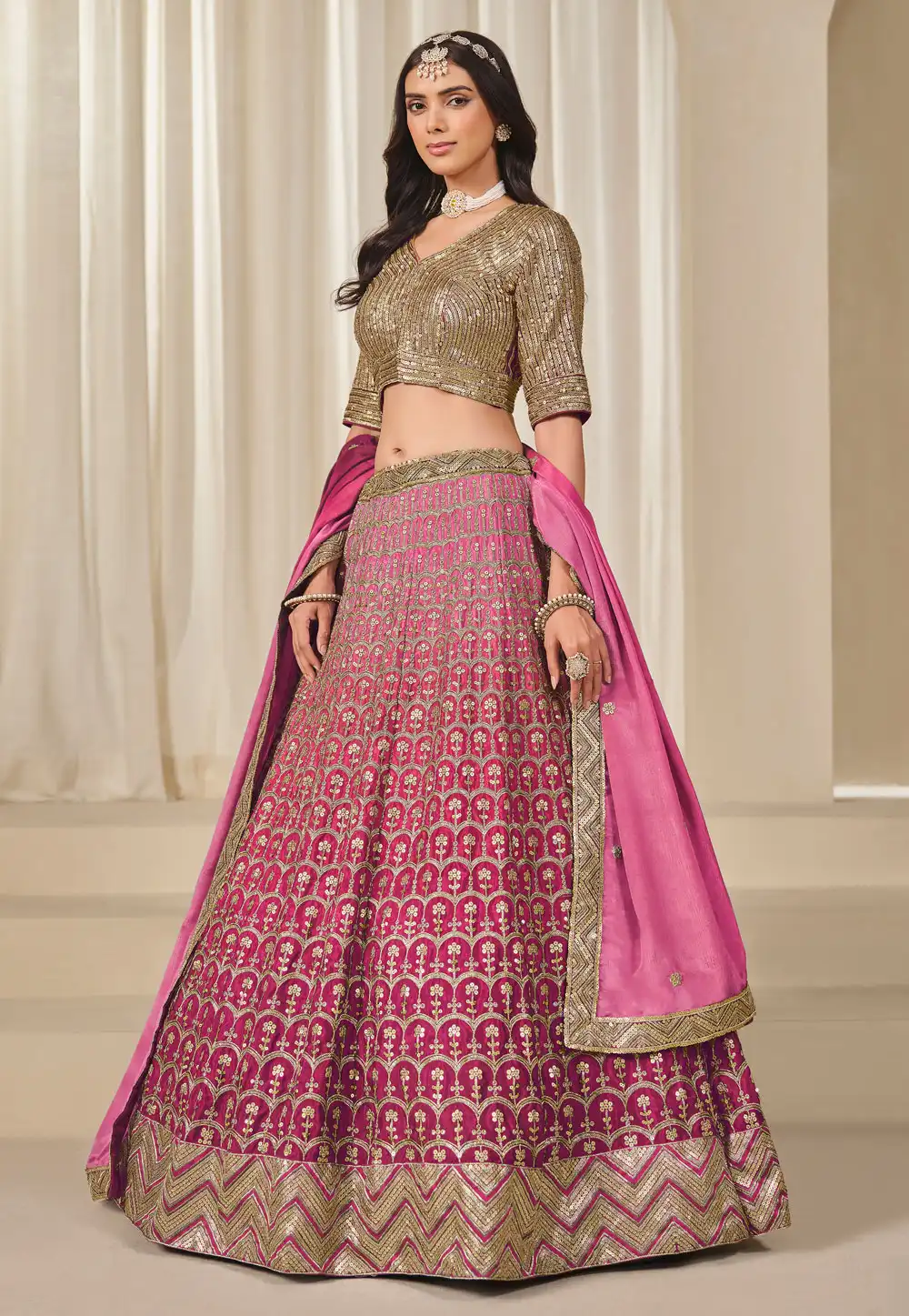 Pink Chinon Silk Lehenga Choli 313740