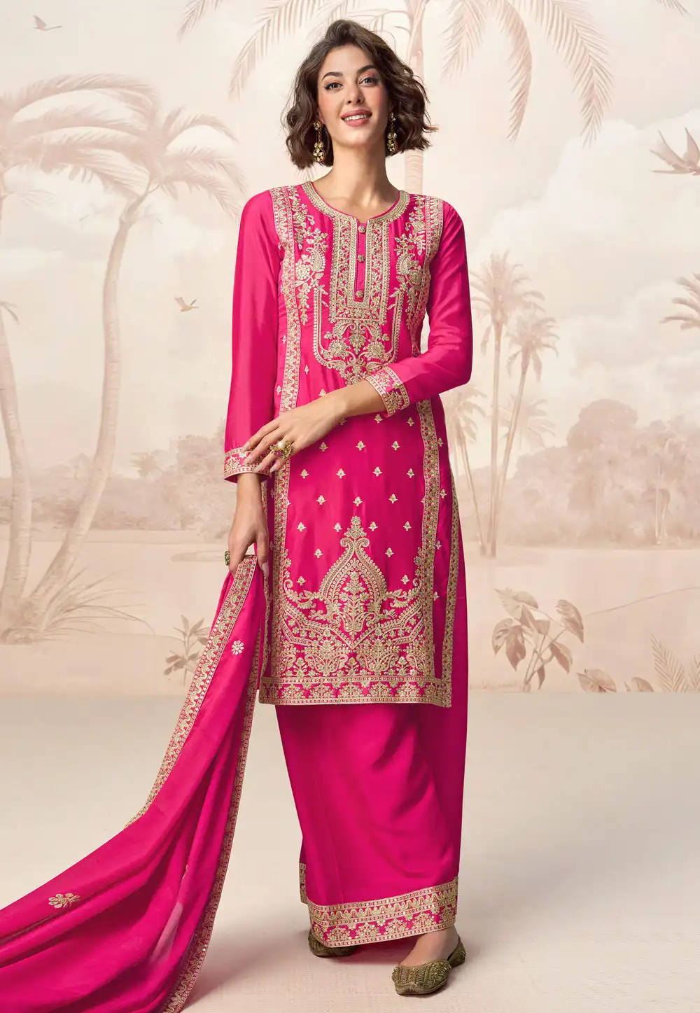 Pink Chinon Silk Palazzo Suit 314670