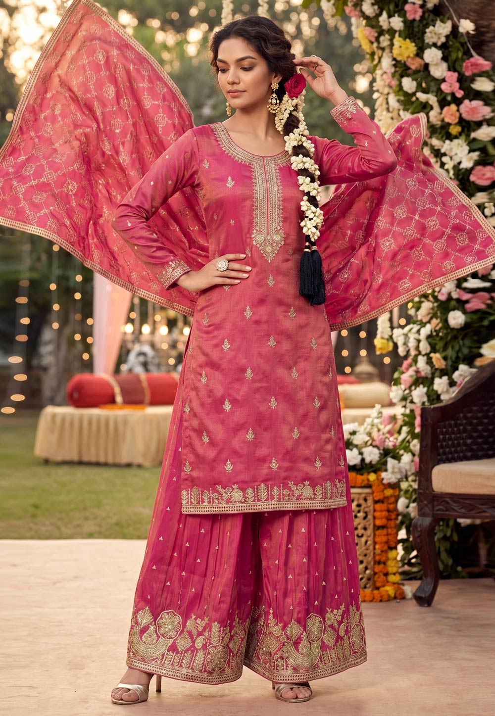 Pink Chinon Silk Palazzo Suit 327976