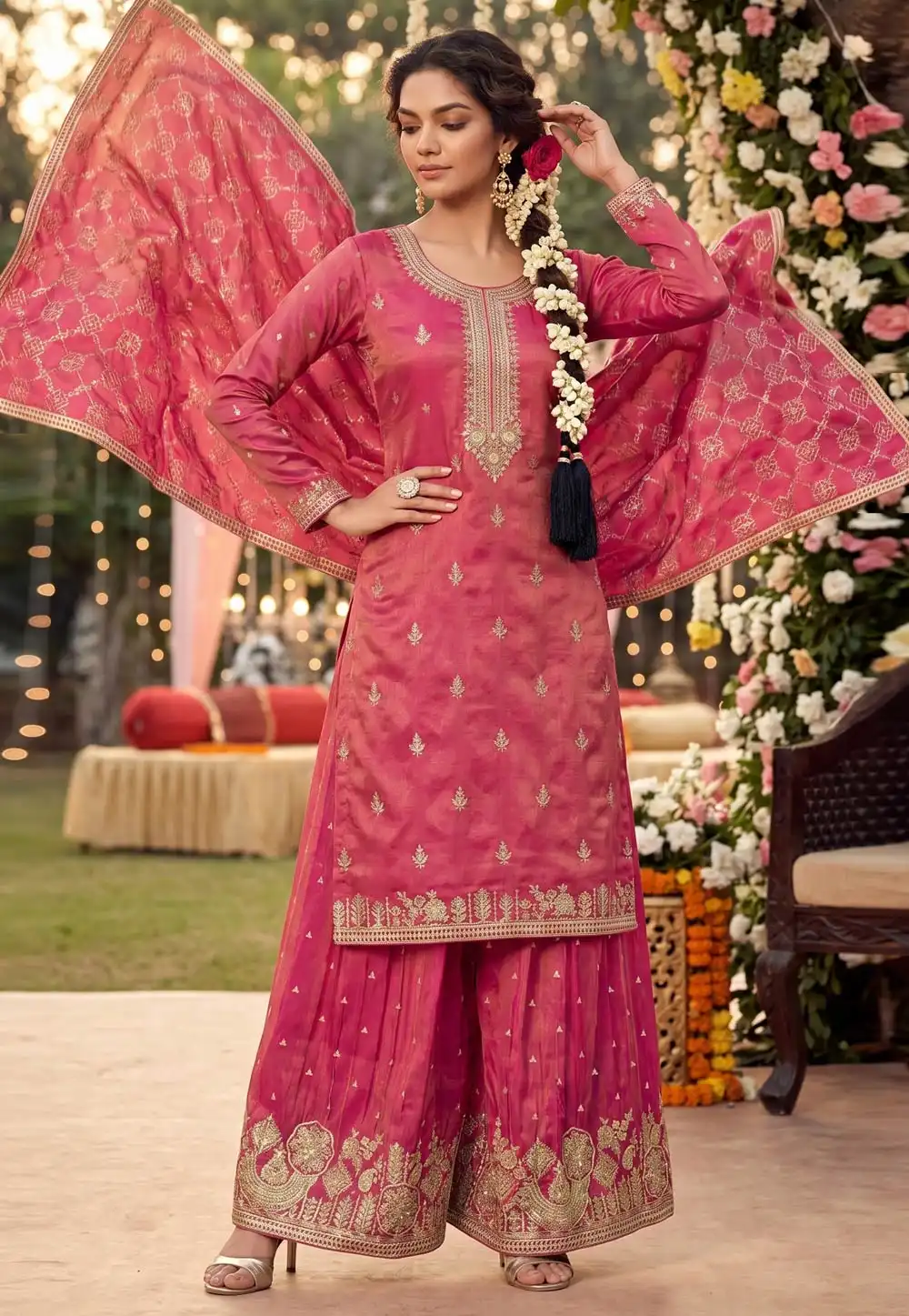Pink Chinon Silk Palazzo Suit 327976
