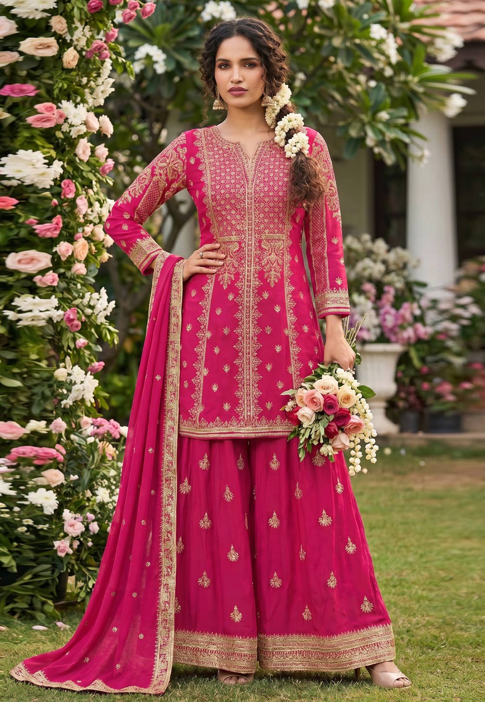 Pink Chinon Silk Palazzo Suit 327834