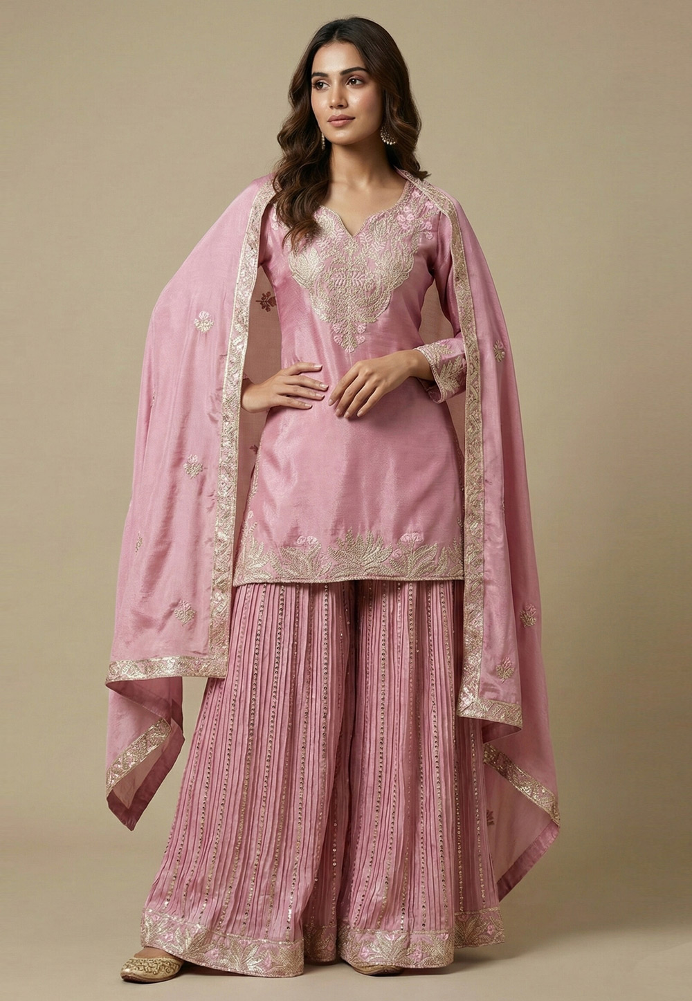 Pink Chinon Silk Readymade Gharara Suit 323277