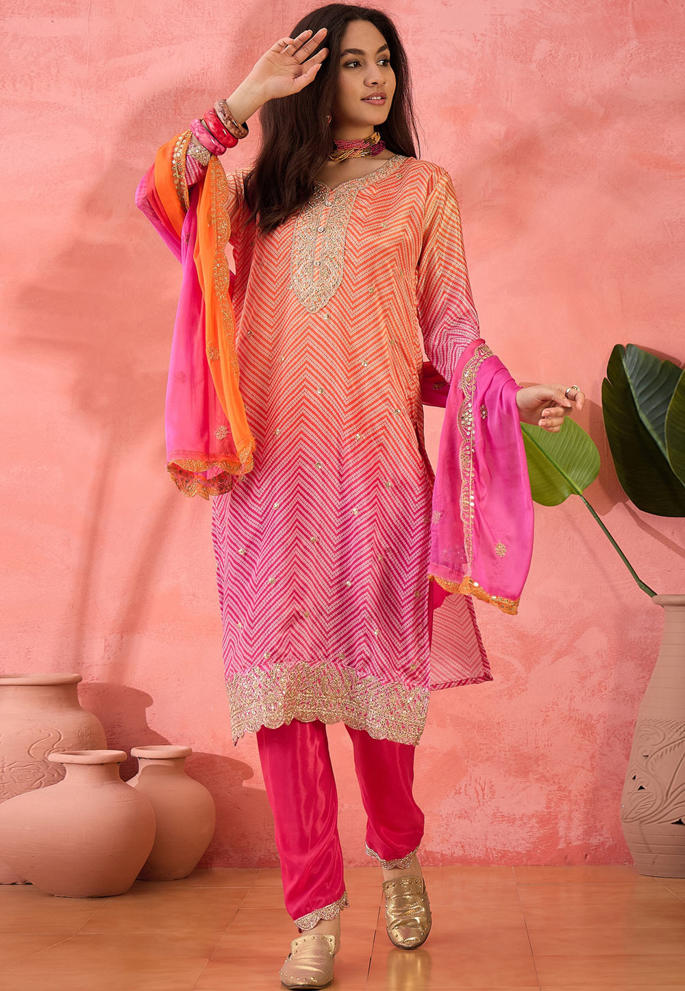 Pink Chinon Silk Readymade Pakistani Suit 308252