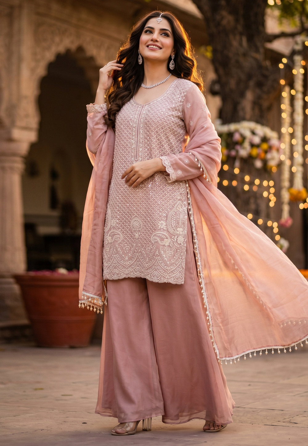 Pink Chinon Silk Readymade Palazzo Suit 328534