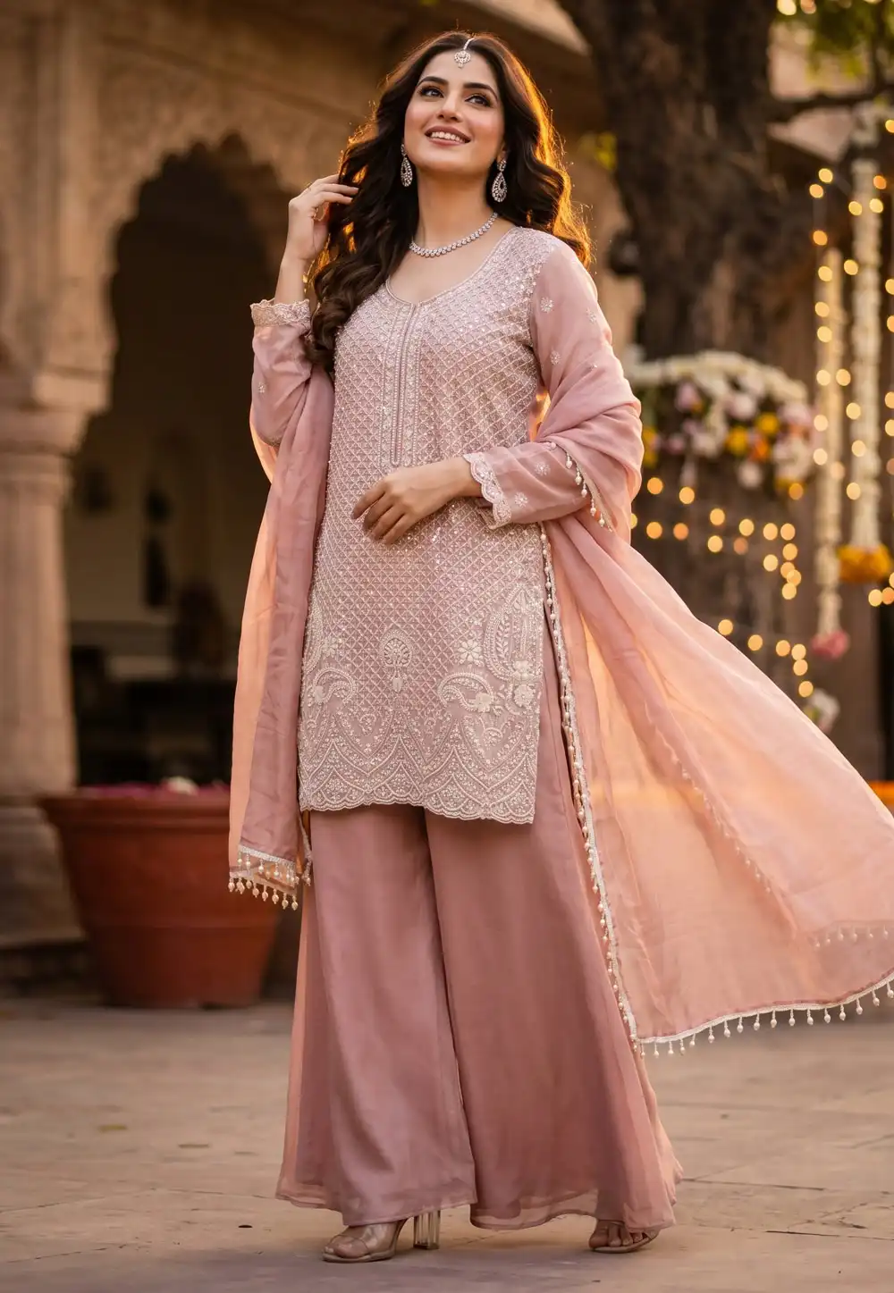 Pink Chinon Silk Readymade Palazzo Suit 328534
