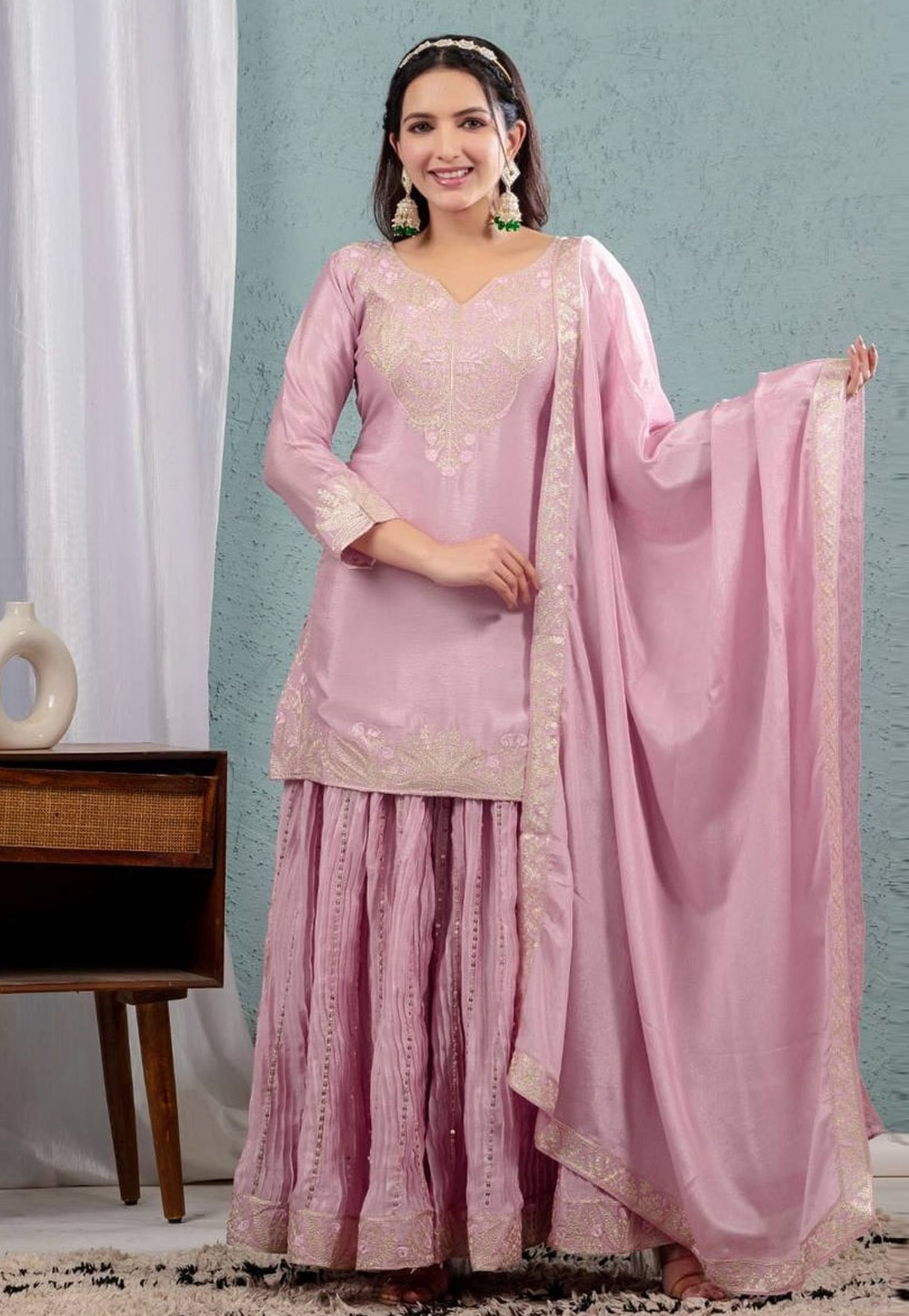 Pink Chinon Silk Readymade Palazzo Suit 311827