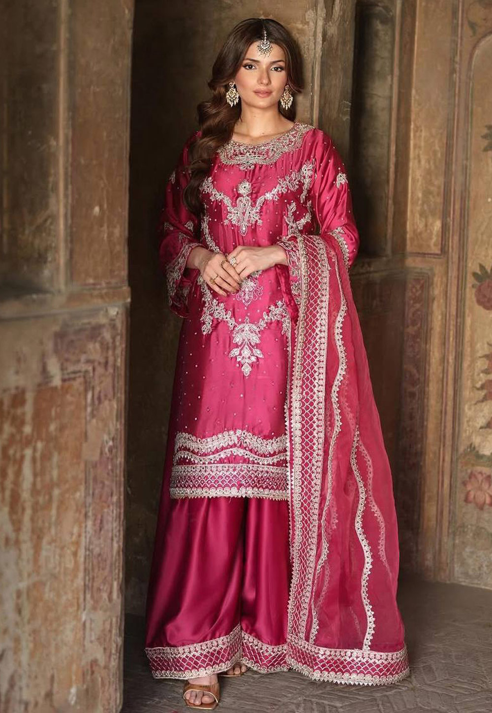 Pink Chinon Silk Readymade Palazzo Suit 308837