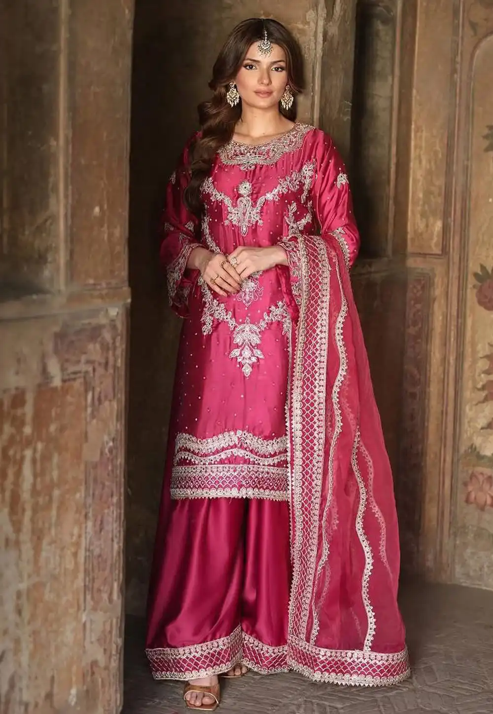 Pink Chinon Silk Readymade Palazzo Suit 308837
