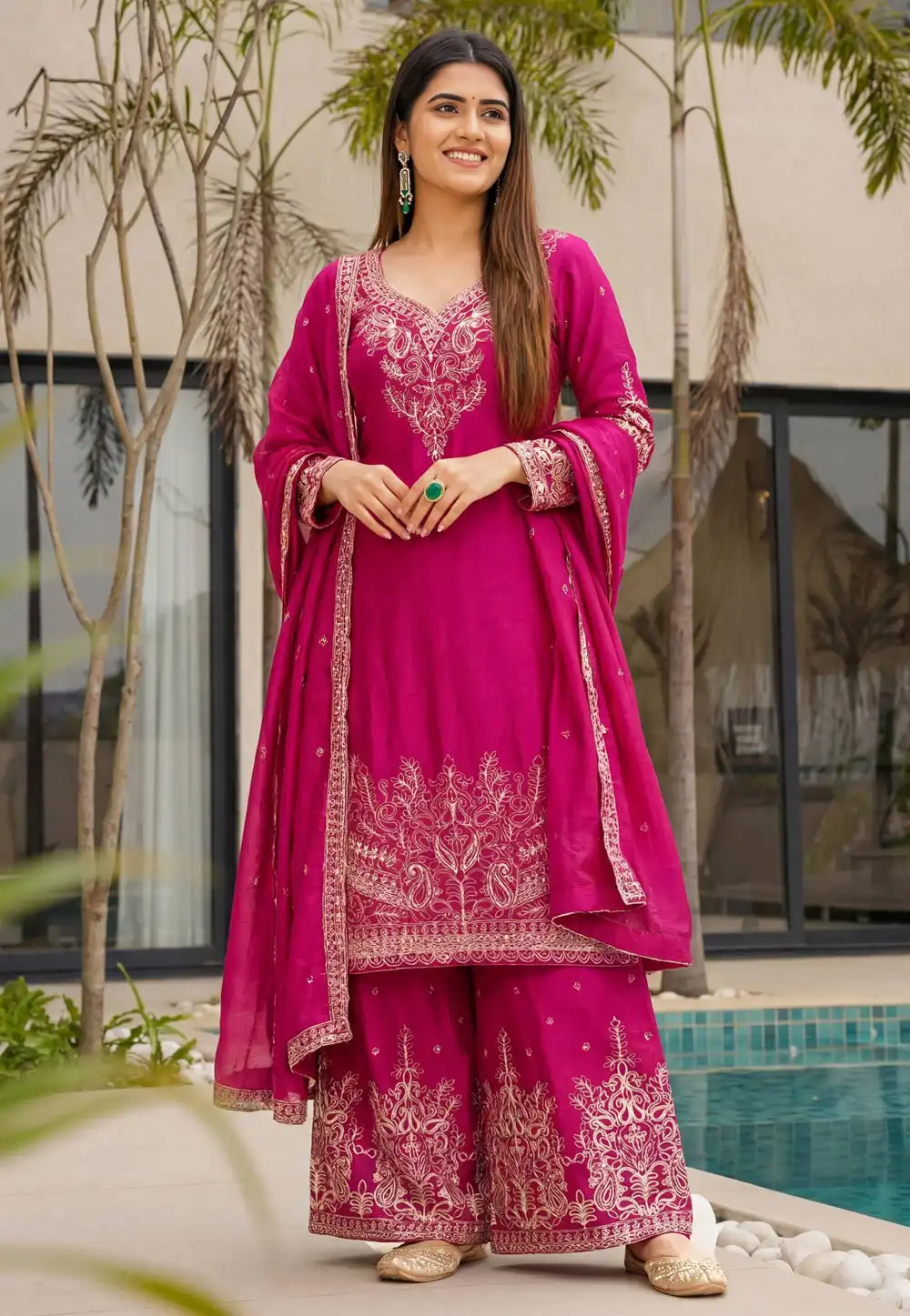 Pink Chinon Silk Readymade Palazzo Suit 321474