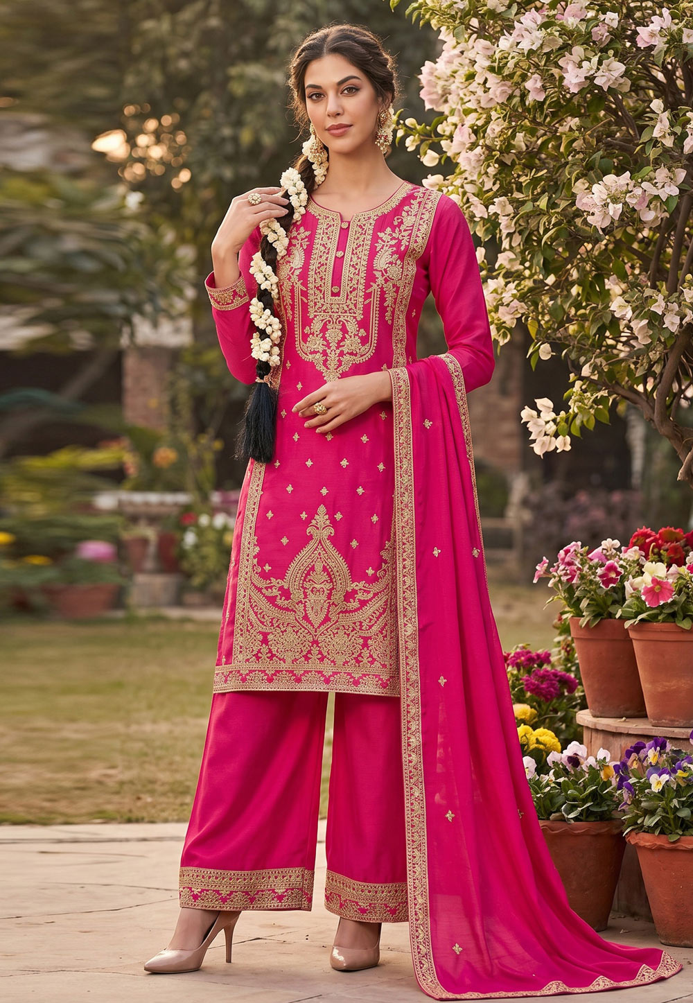 Pink Chinon Silk Readymade Palazzo Suit 327721