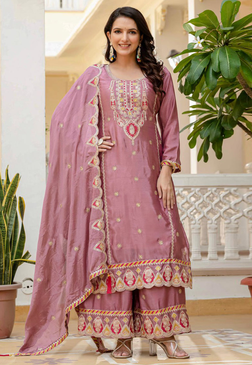 Pink Chinon Silk Readymade Palazzo Suit 318768