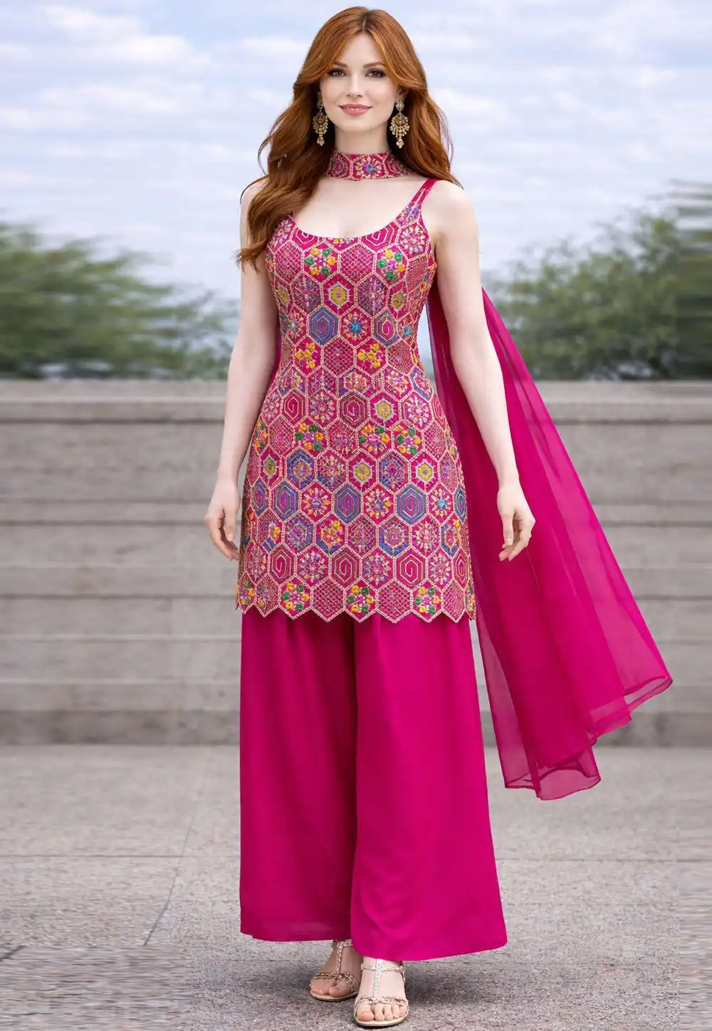 Pink Chinon Silk Readymade Palazzo Suit 323320