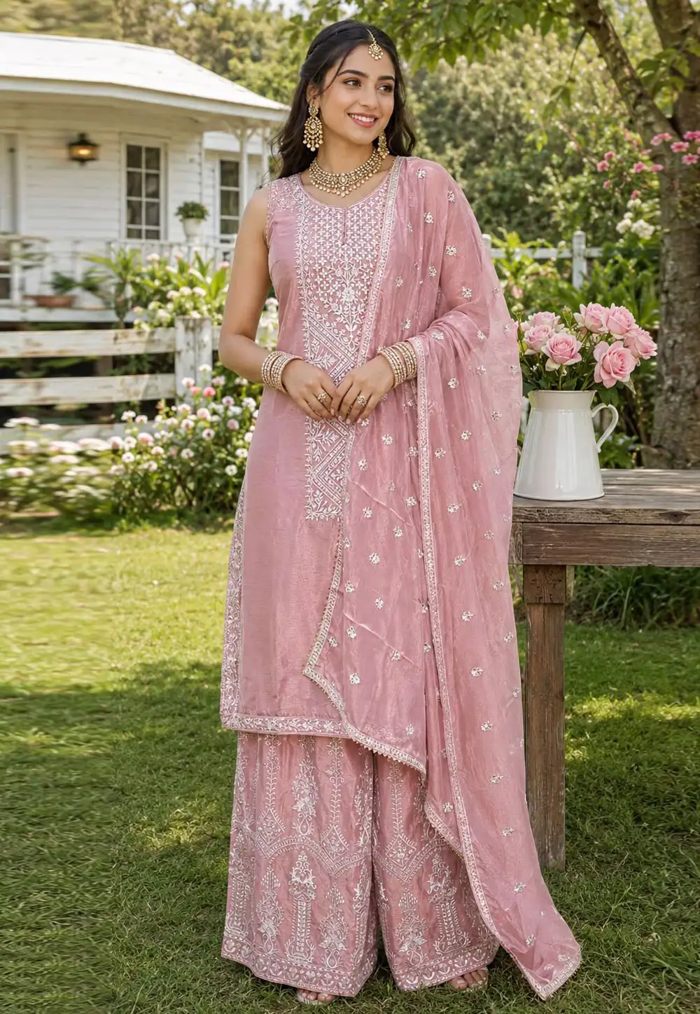 Pink Chinon Silk Readymade Palazzo Suit 330911