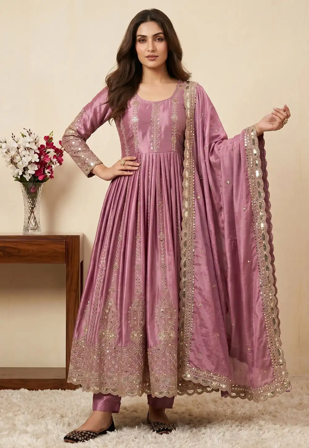 Pink Chinon Silk Readymade Pant Style Suit 330707
