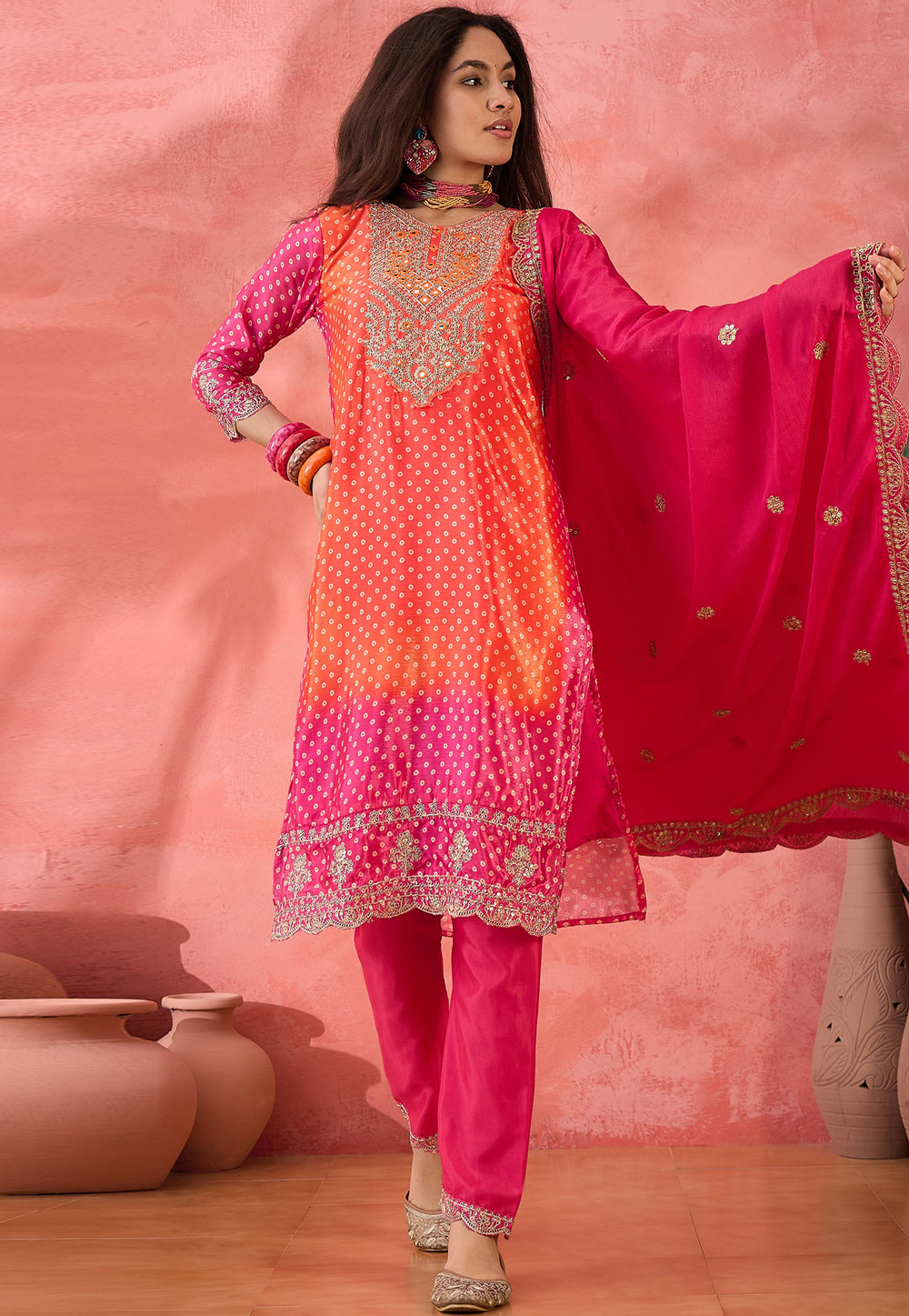 Pink Chinon Silk Readymade Pant Style Suit 308257