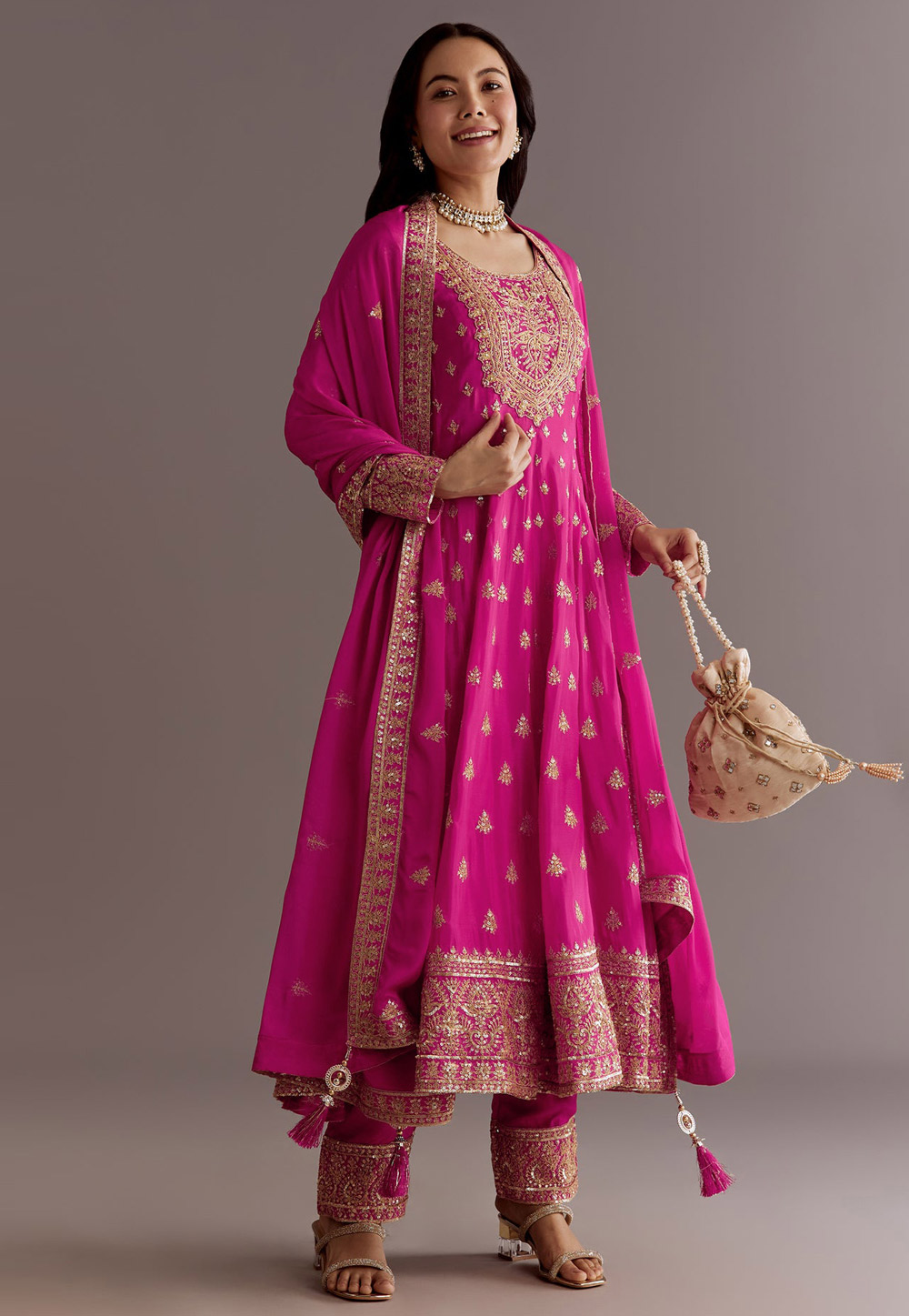 Pink Chinon Silk Readymade Pant Style Suit 325538
