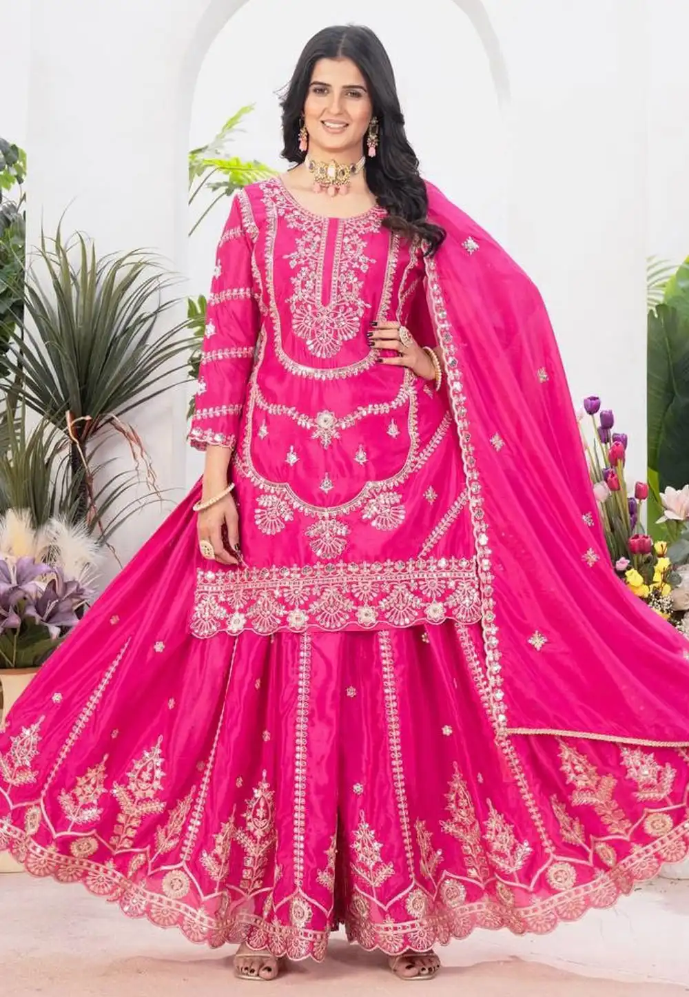 Pink Chinon Silk Readymade Sharara Suit 313628
