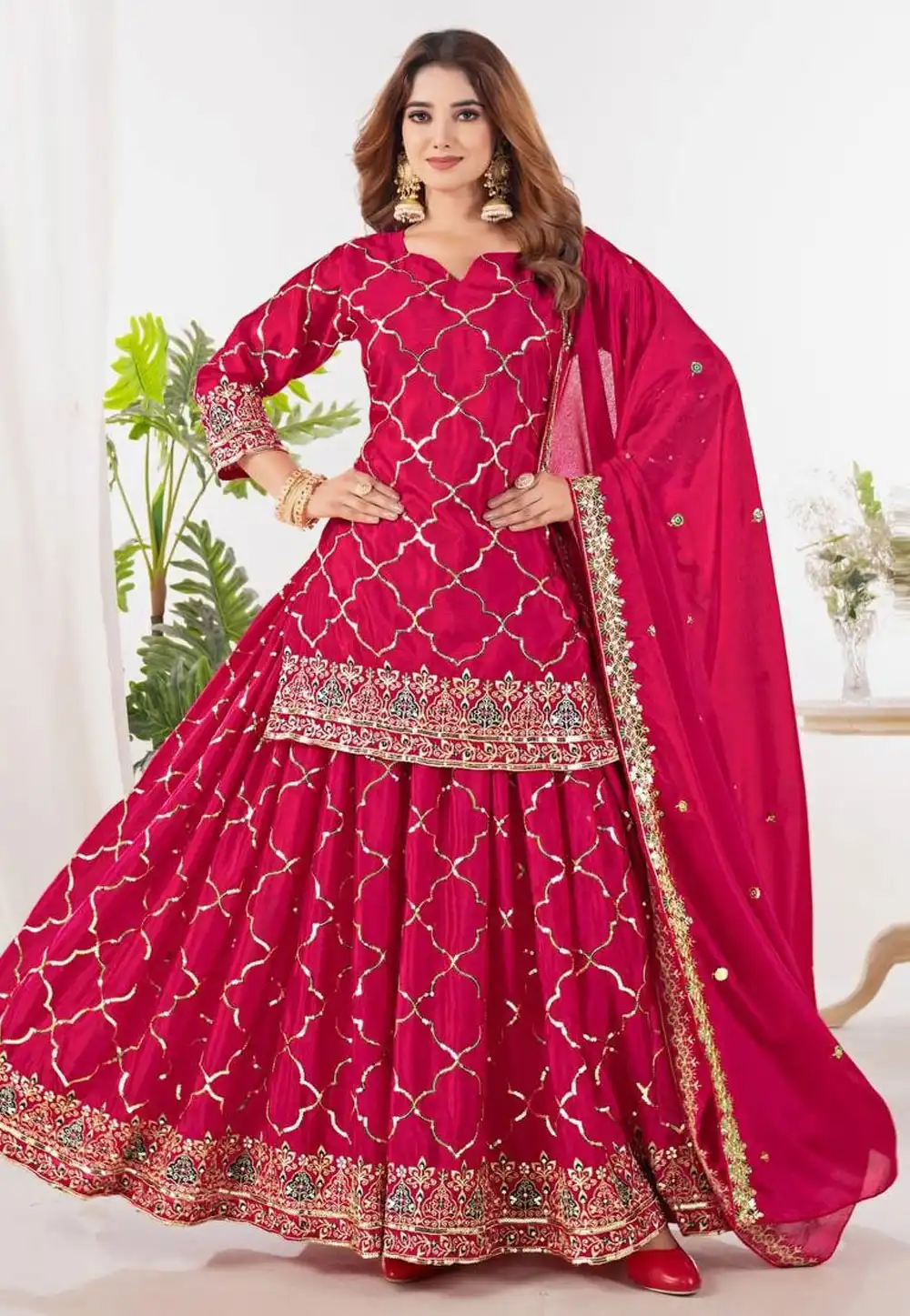 Pink Chinon Silk Readymade Sharara Suit 313871