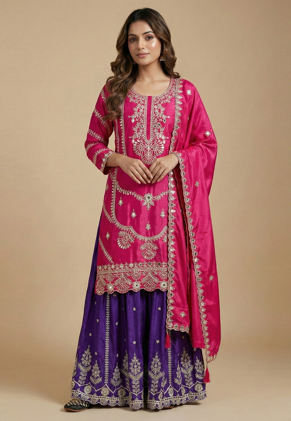 Pink Chinon Silk Readymade Sharara Suit 323286
