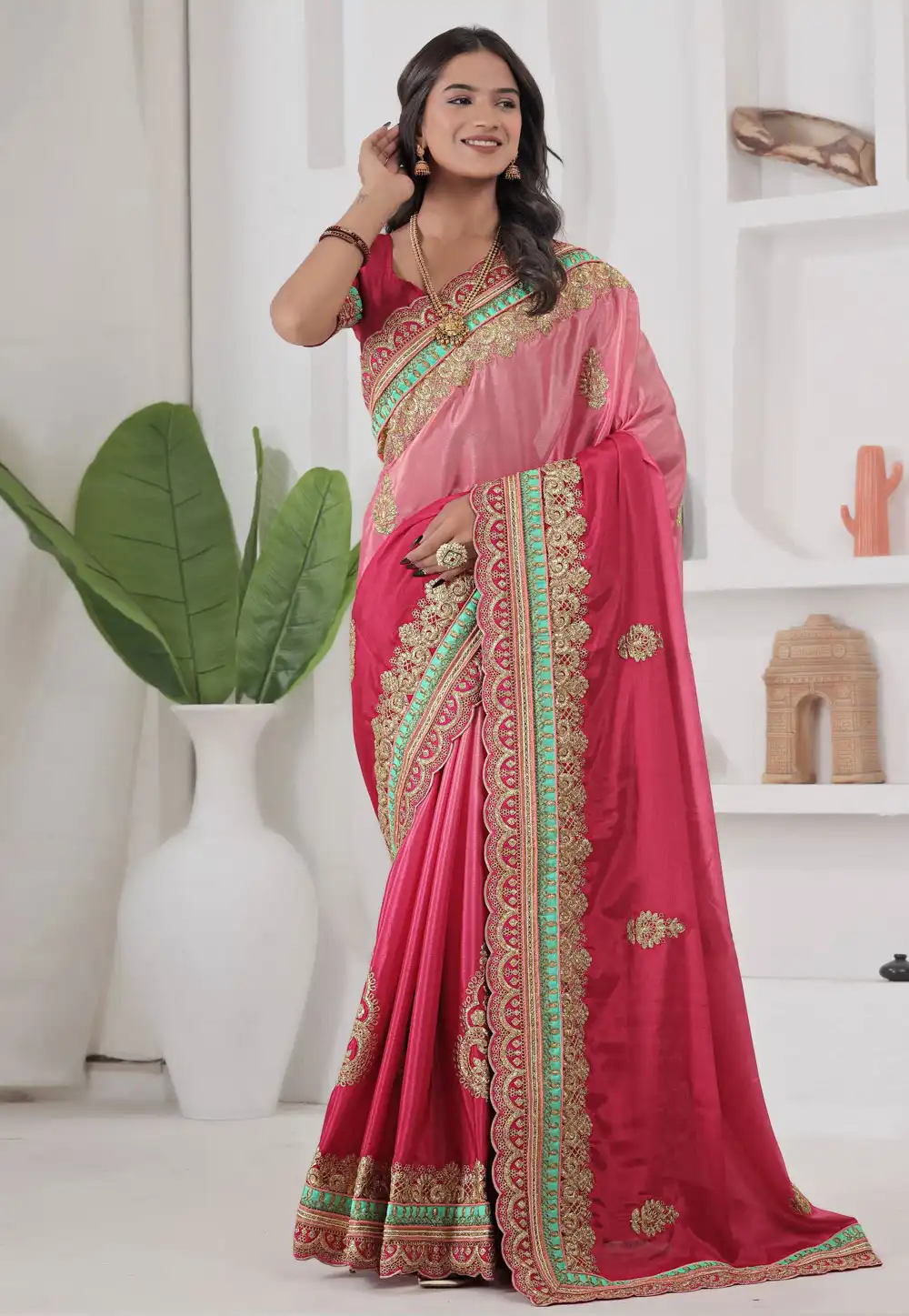 Pink Chinon Silk Saree With Blouse 317542
