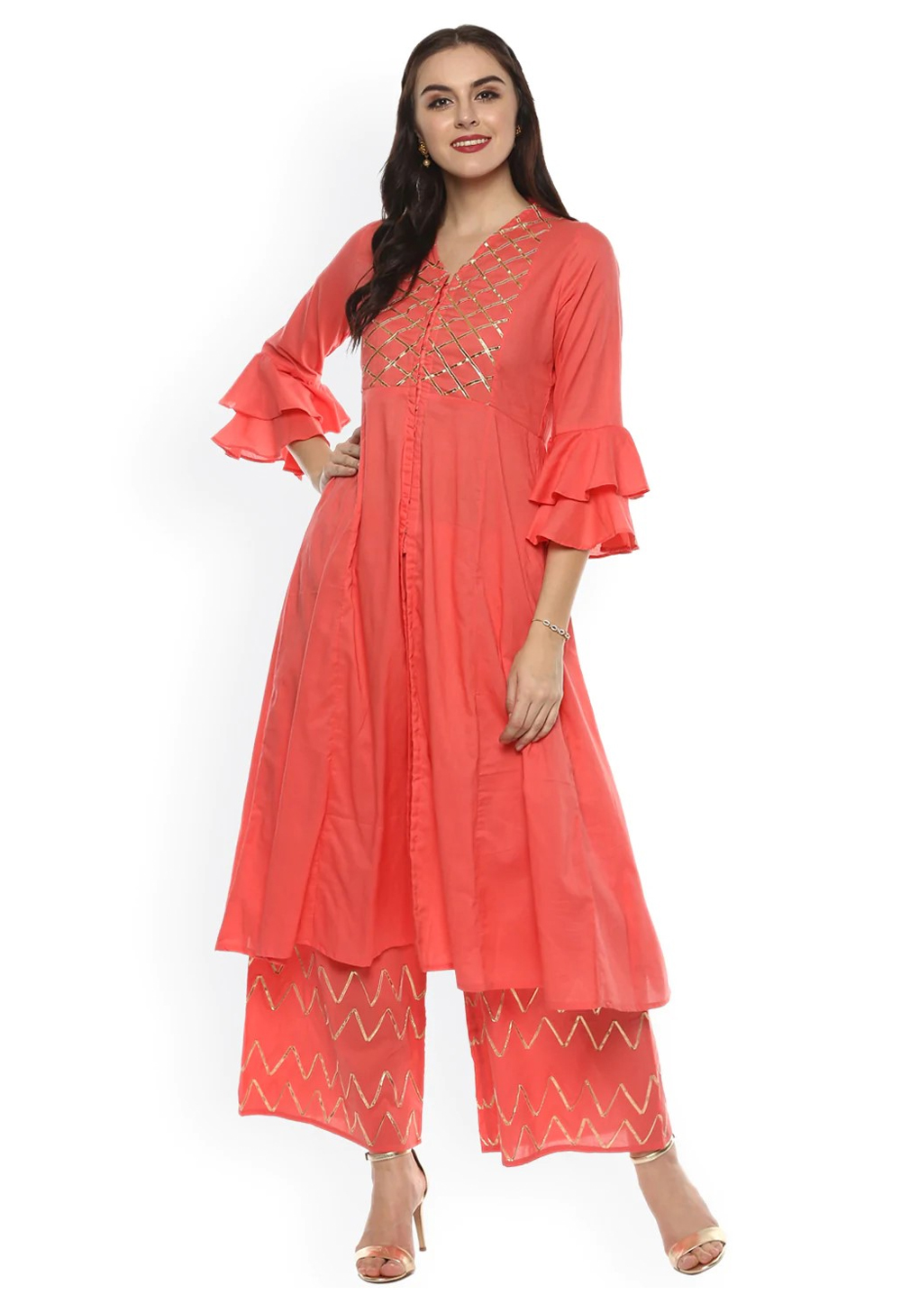 Pink Cotton Kurta Set With Palazzo 281327