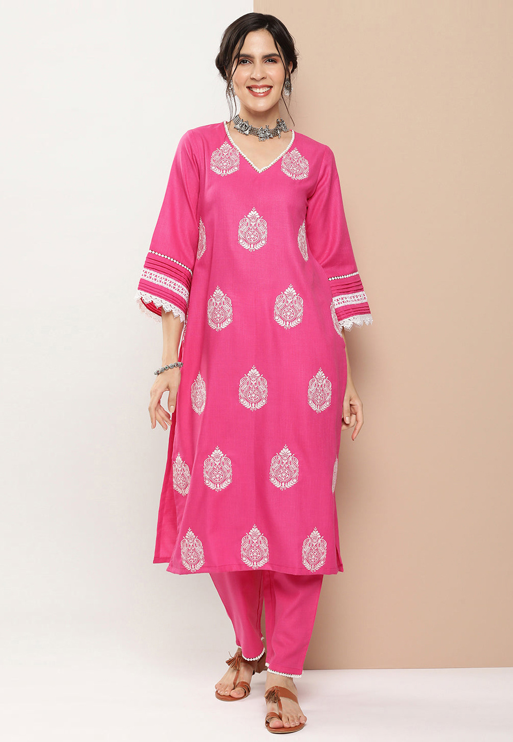 Pink Cotton Kurta Set With Pent 281427