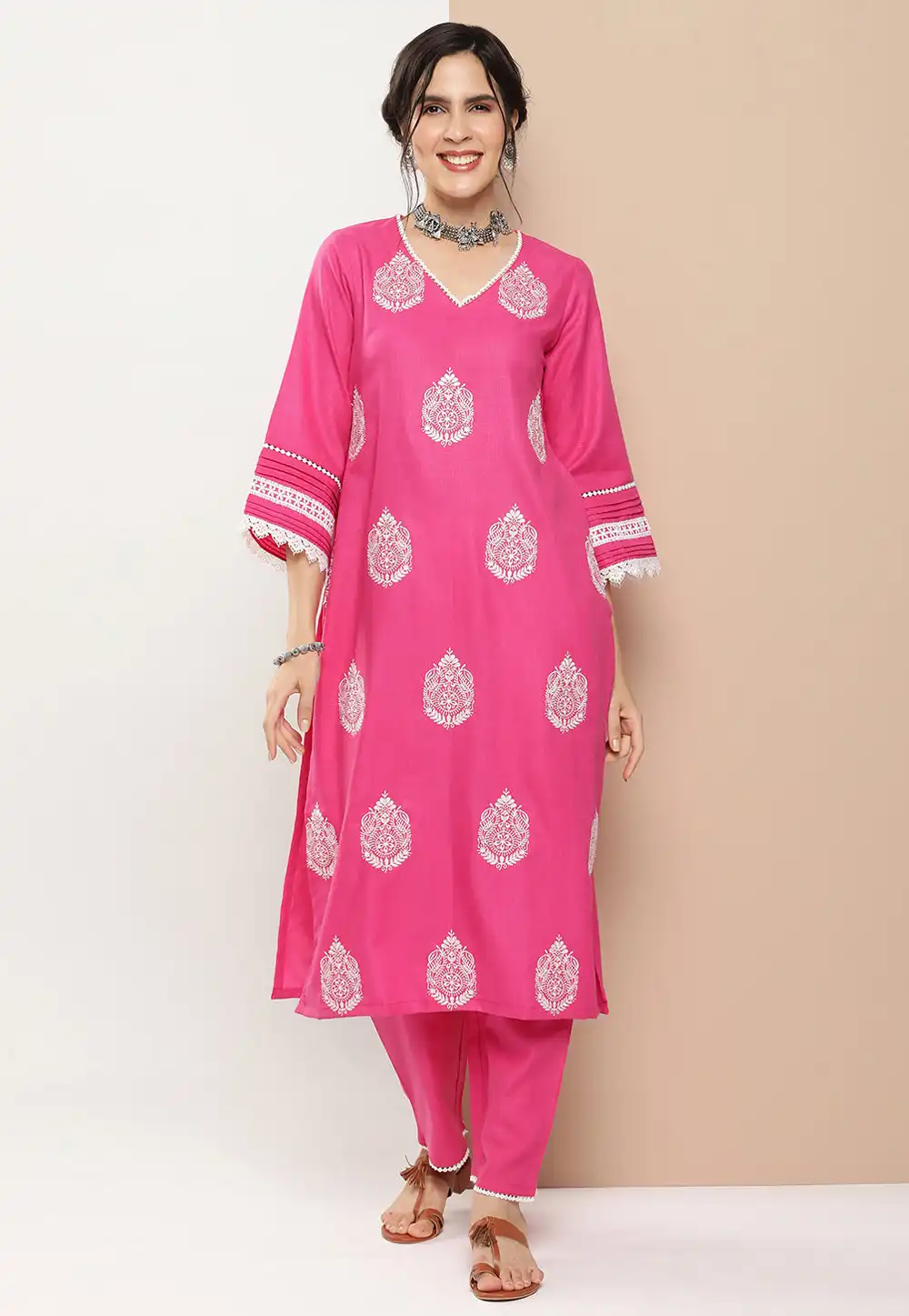 Pink Cotton Kurta Set With Pant 281427
