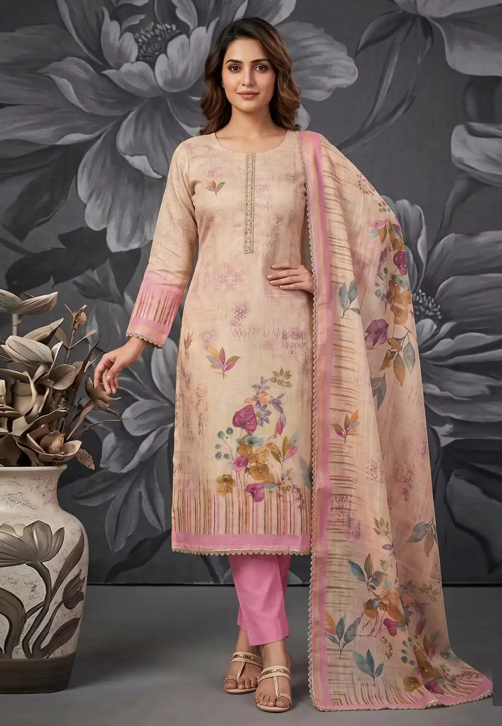 Pink Cotton Linen Pant Style Suit 330117