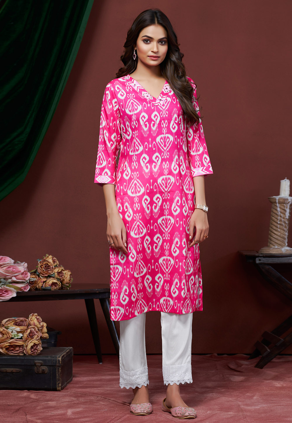 Pink Cotton Linen Printed Long Kurti 311972