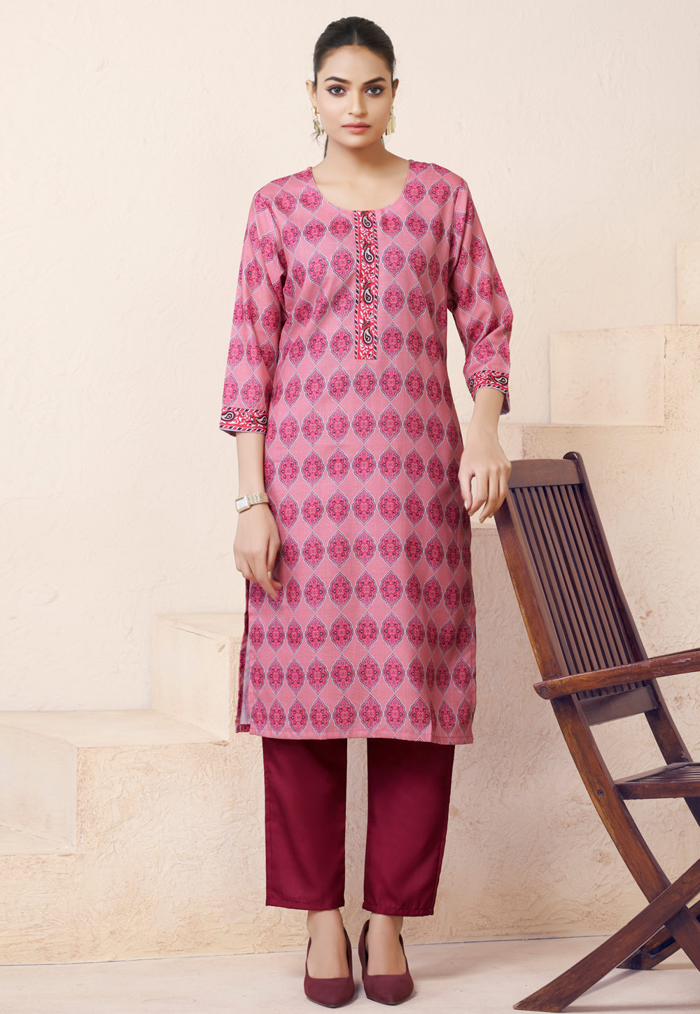 Pink Cotton Linen Printed Long Kurti 311978