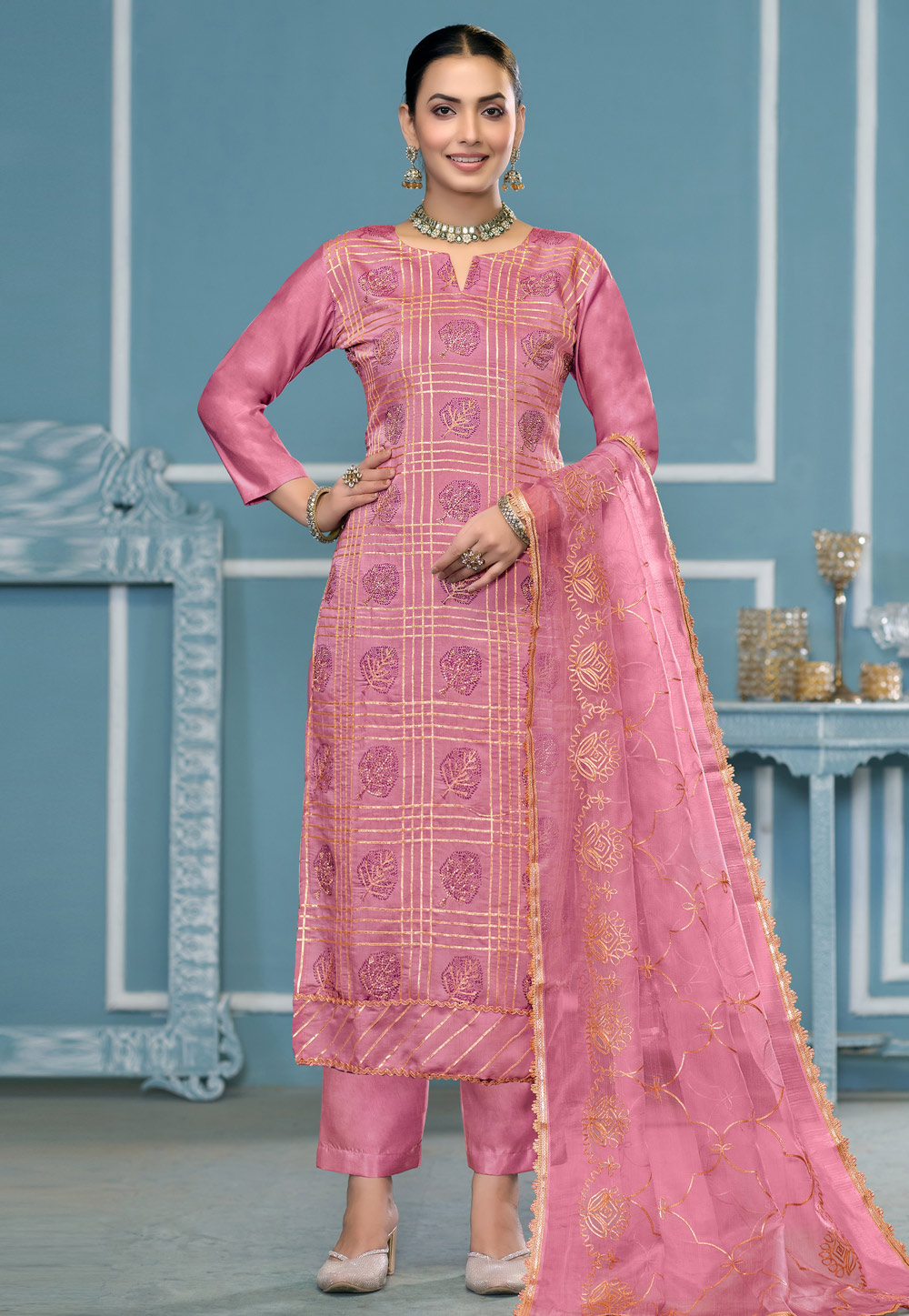 Pink Cotton Pant Style Suit 307441