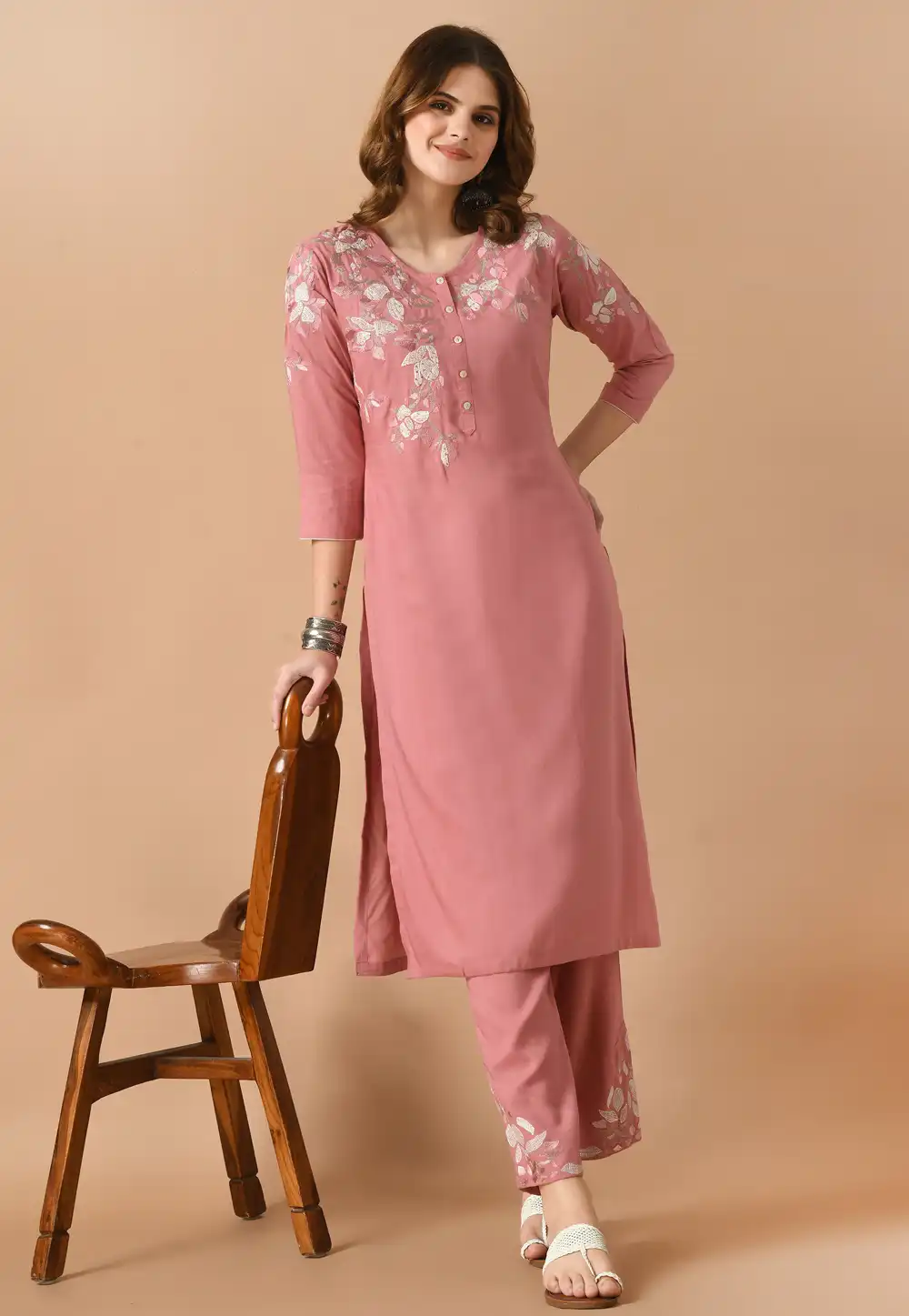 Pink Cotton Rayon Kurta Set With Pant 305495